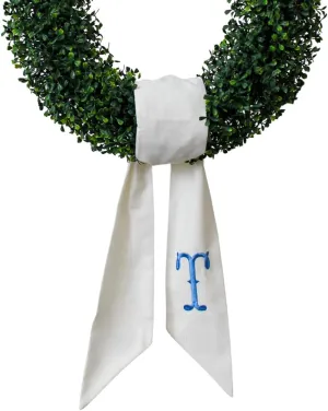 Monogram Wreath Sash for Front Door, White Embroidered Linen Wreath Sash, Porch Accessory for Xmas Party Yard, Wedding, and Boxwood Decoration, Indoor Outdoor Décor - (T)