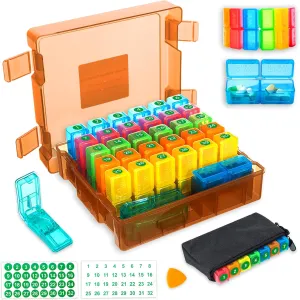 Monthly Pill Organizer 2 Times a Day, Portable AM PM Pill Box with Weekly Travel Bag, Large Capacity Medicine Organizer with Labels, 30 Day Pill Case & Pill Cutter for Medication Management (Orange)