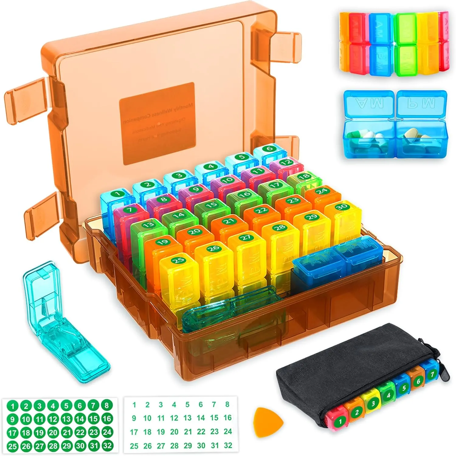Monthly Pill Organizer 2 Times a Day, Portable AM PM Pill Box with Weekly Travel Bag, Large Capacity Medicine Organizer with Labels, 30 Day Pill Case & Pill Cutter for Medication Management (Orange)