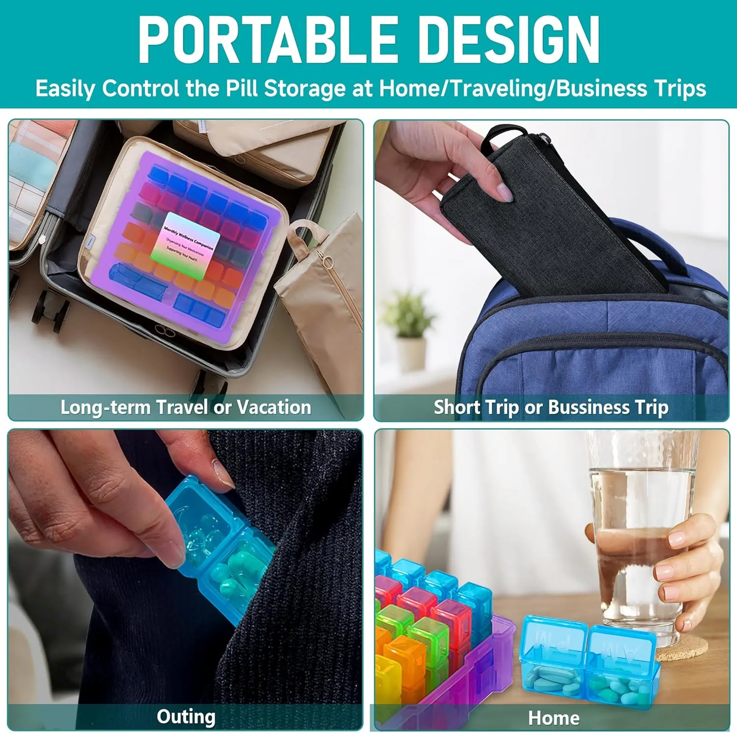Monthly Pill Organizer 2 Times a Day, Portable AM PM Pill Box with Weekly Travel Bag, Large Capacity Medicine Organizer with Labels, 30 Day Pill Case & Pill Cutter for Medication Management (Purple)
