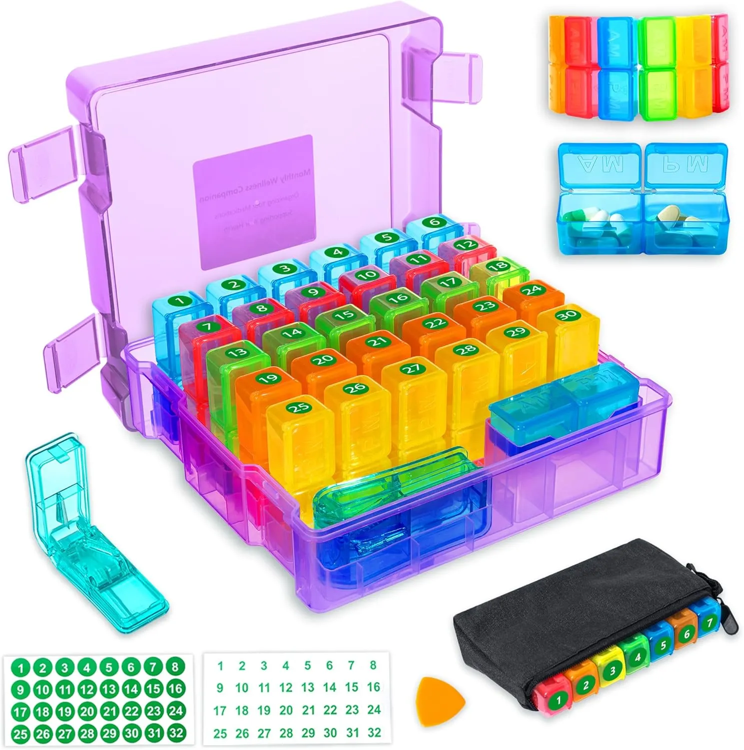 Monthly Pill Organizer 2 Times a Day, Portable AM PM Pill Box with Weekly Travel Bag, Large Capacity Medicine Organizer with Labels, 30 Day Pill Case & Pill Cutter for Medication Management (Purple)
