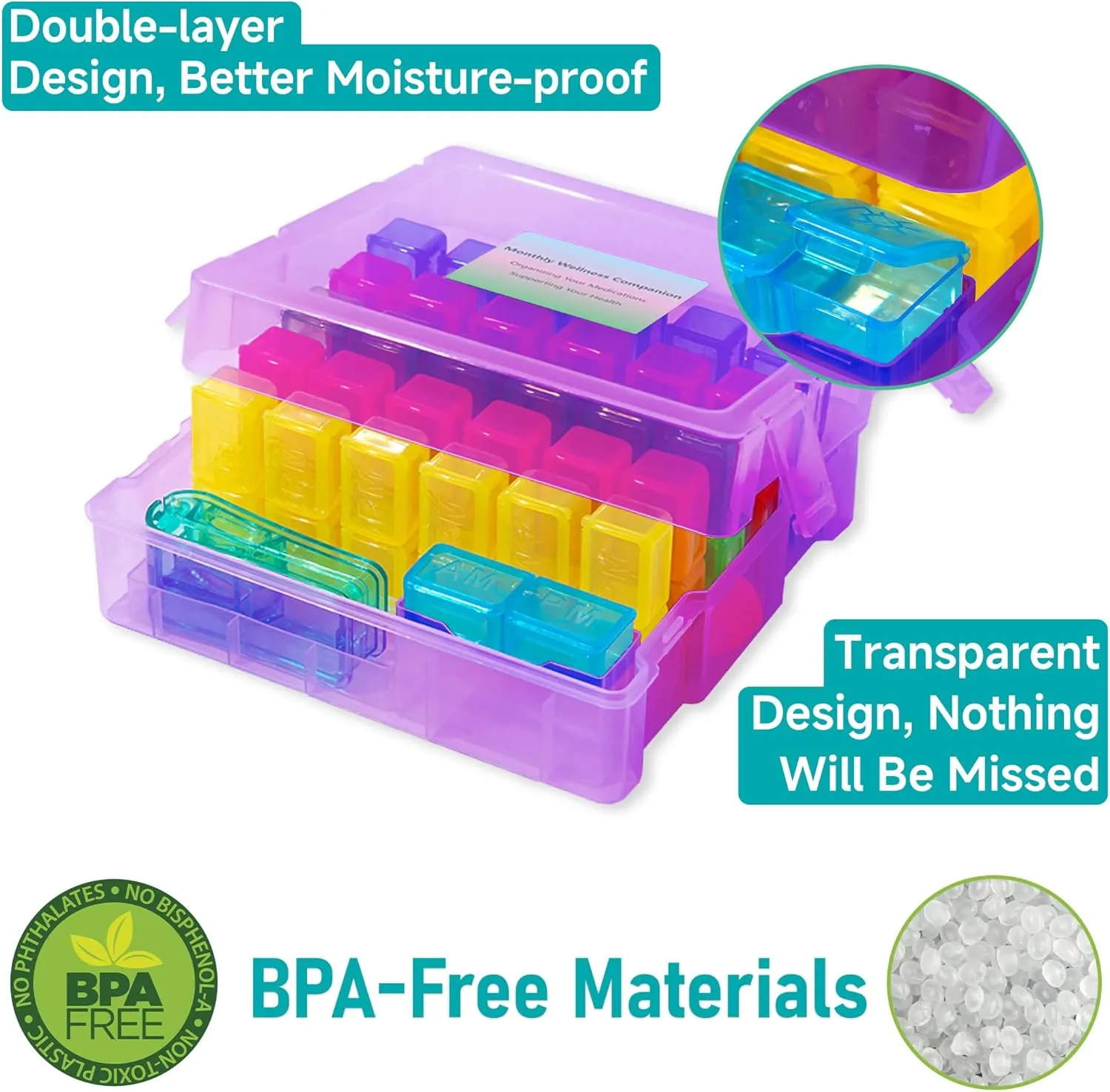 Monthly Pill Organizer 2 Times a Day, Portable AM PM Pill Box with Weekly Travel Bag, Large Capacity Medicine Organizer with Labels, 30 Day Pill Case & Pill Cutter for Medication Management (Purple)