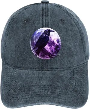 Moon and Raven Adjustable Baseball Cap Cotton Vintage Denim Sun Visor Dad Hat for Men Women