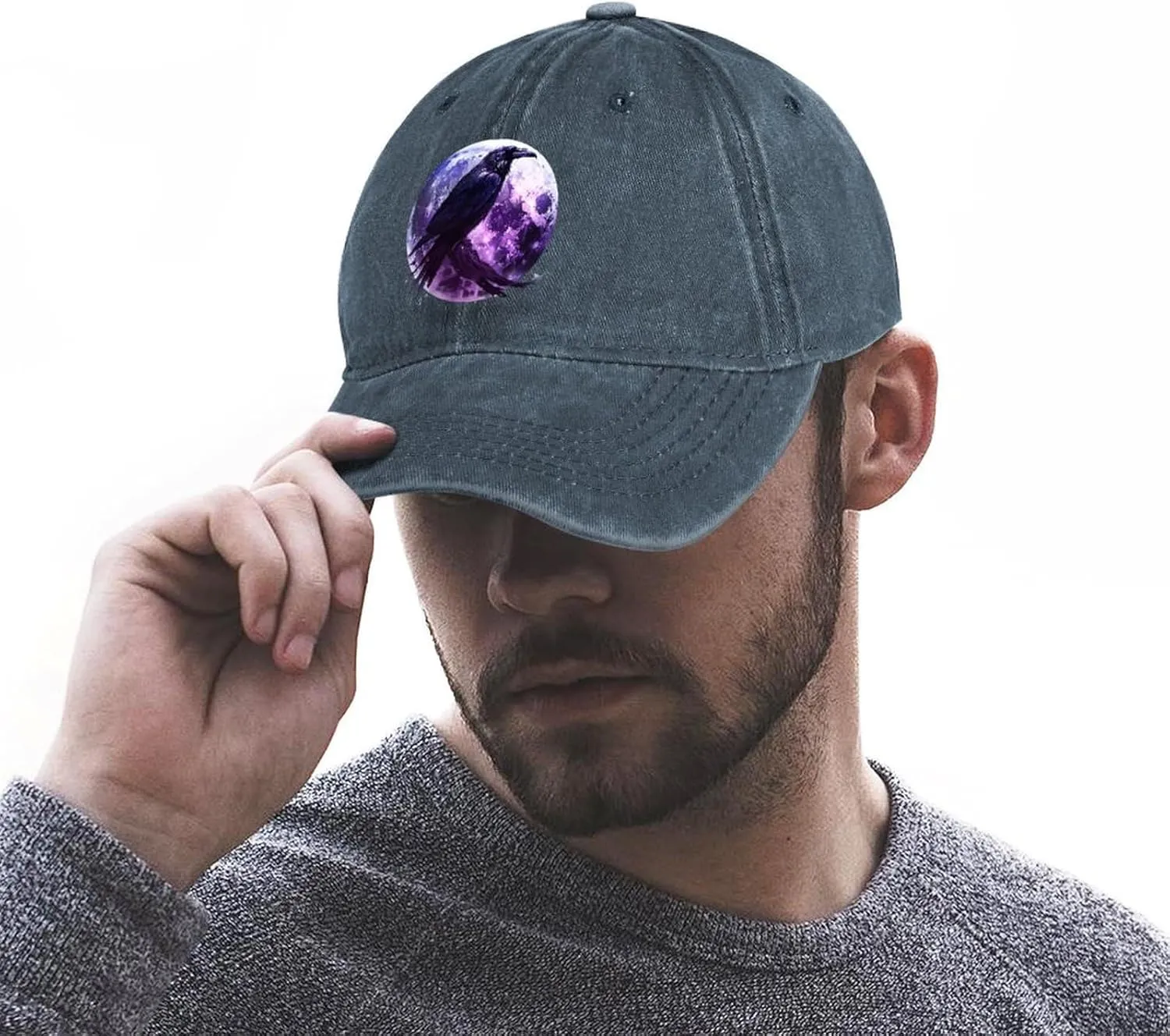Moon and Raven Adjustable Baseball Cap Cotton Vintage Denim Sun Visor Dad Hat for Men Women