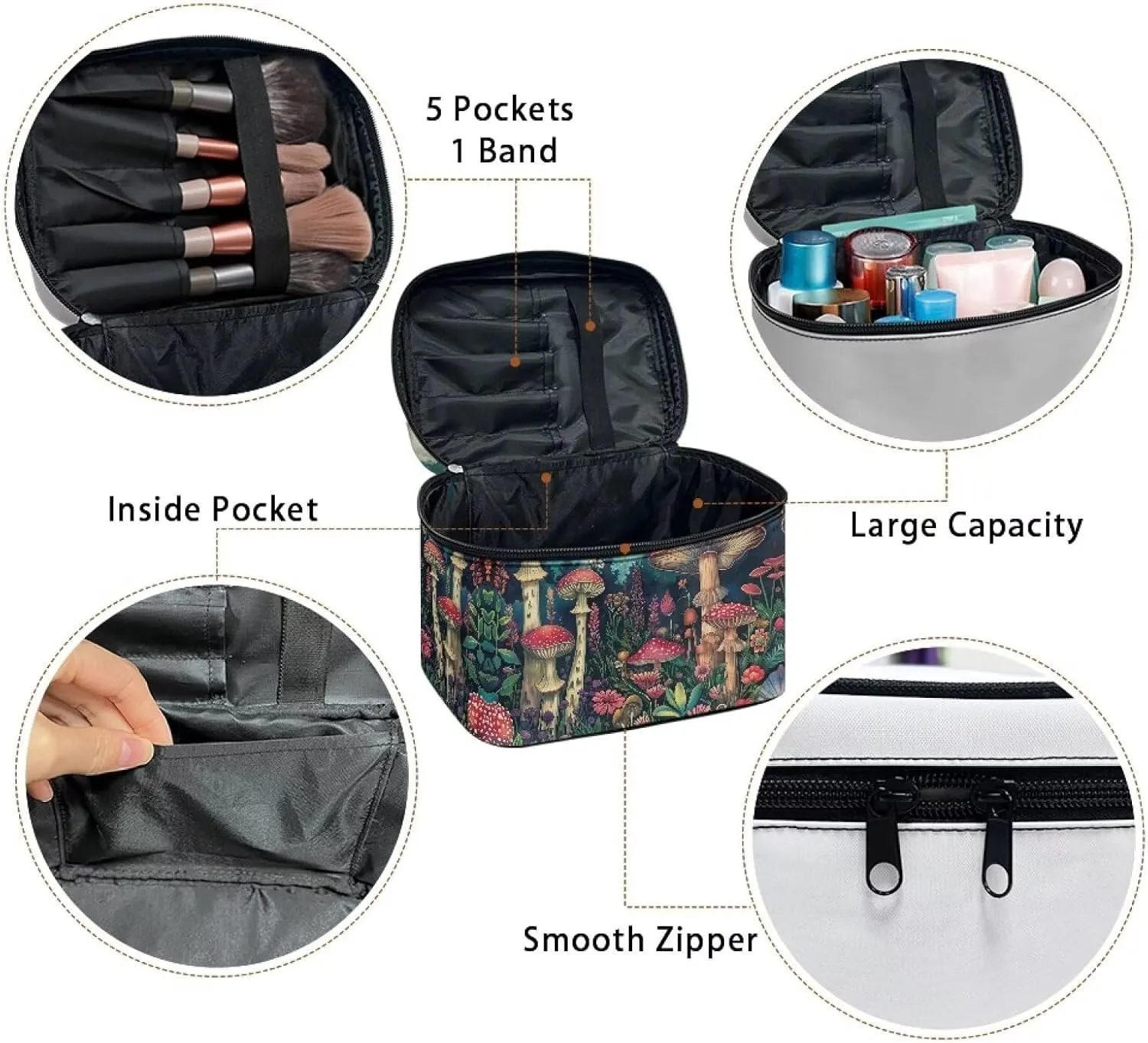 Moon Mushroom Travel Cosmetic Bags for Women Large Capacity Makeup Organizer Case Travel Toiletry Bag Makeup Bag Coin Purse Lipstick Cosmetic Accessories Organizer