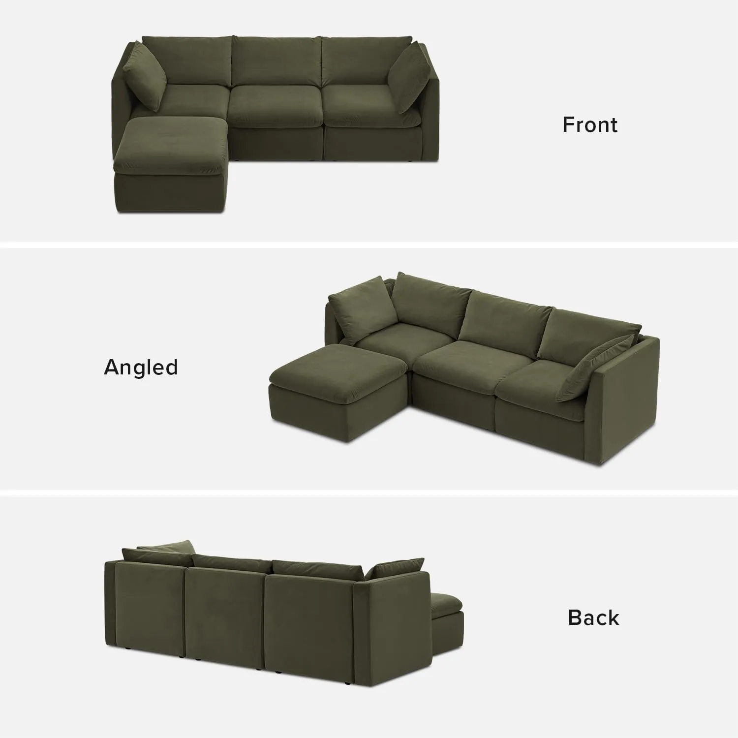 mopio Oversized Modular Sectional Sofa with Fully Removable Covers and Storage, Convertible U & L Shaped Sectionals, Modern Cloud Couch with Ottoman Chaise (Olive Green Velvet, 4 Seats, L)