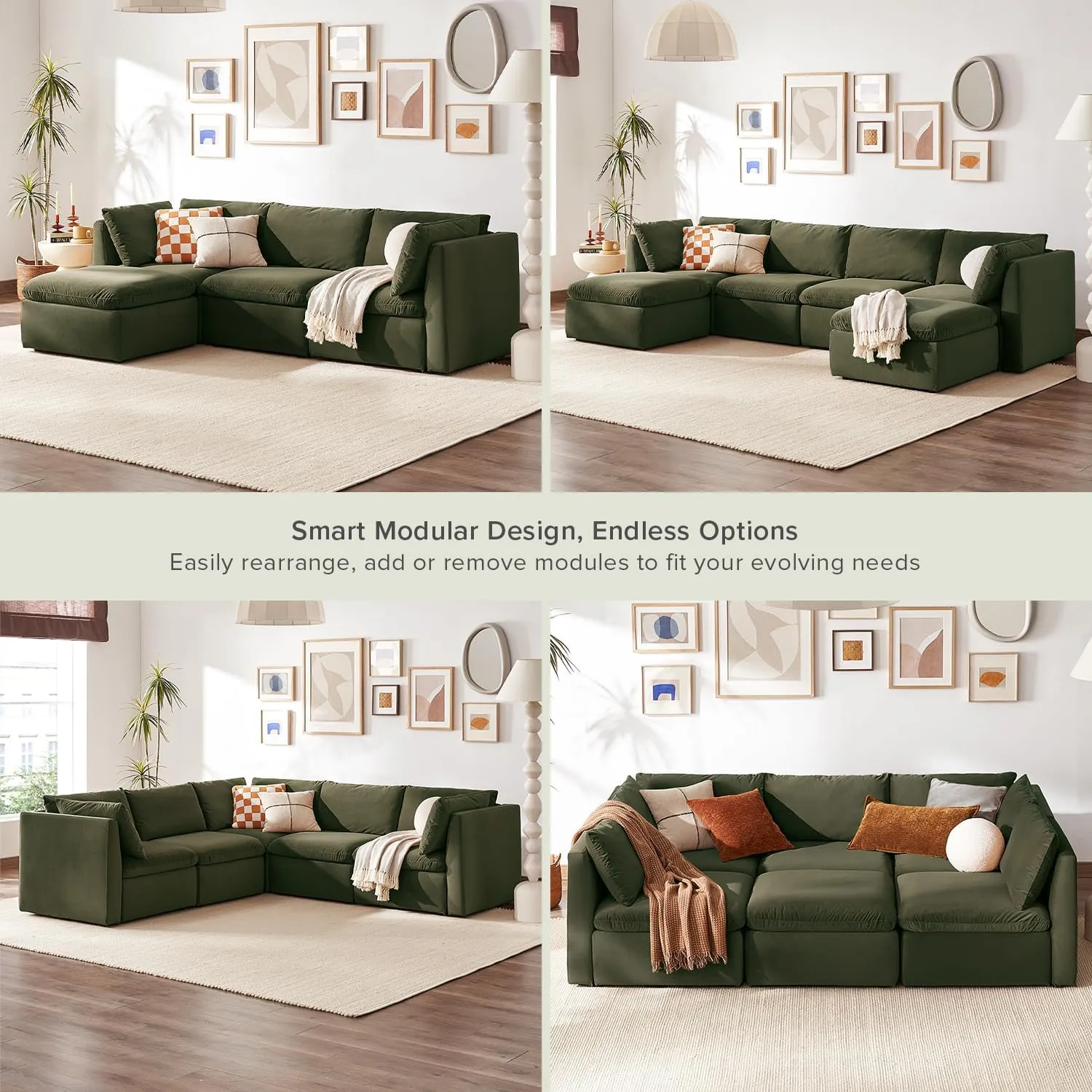 mopio Oversized Modular Sectional Sofa with Fully Removable Covers and Storage, Convertible U & L Shaped Sectionals, Modern Cloud Couch with Ottoman Chaise (Olive Green Velvet, 4 Seats, L)