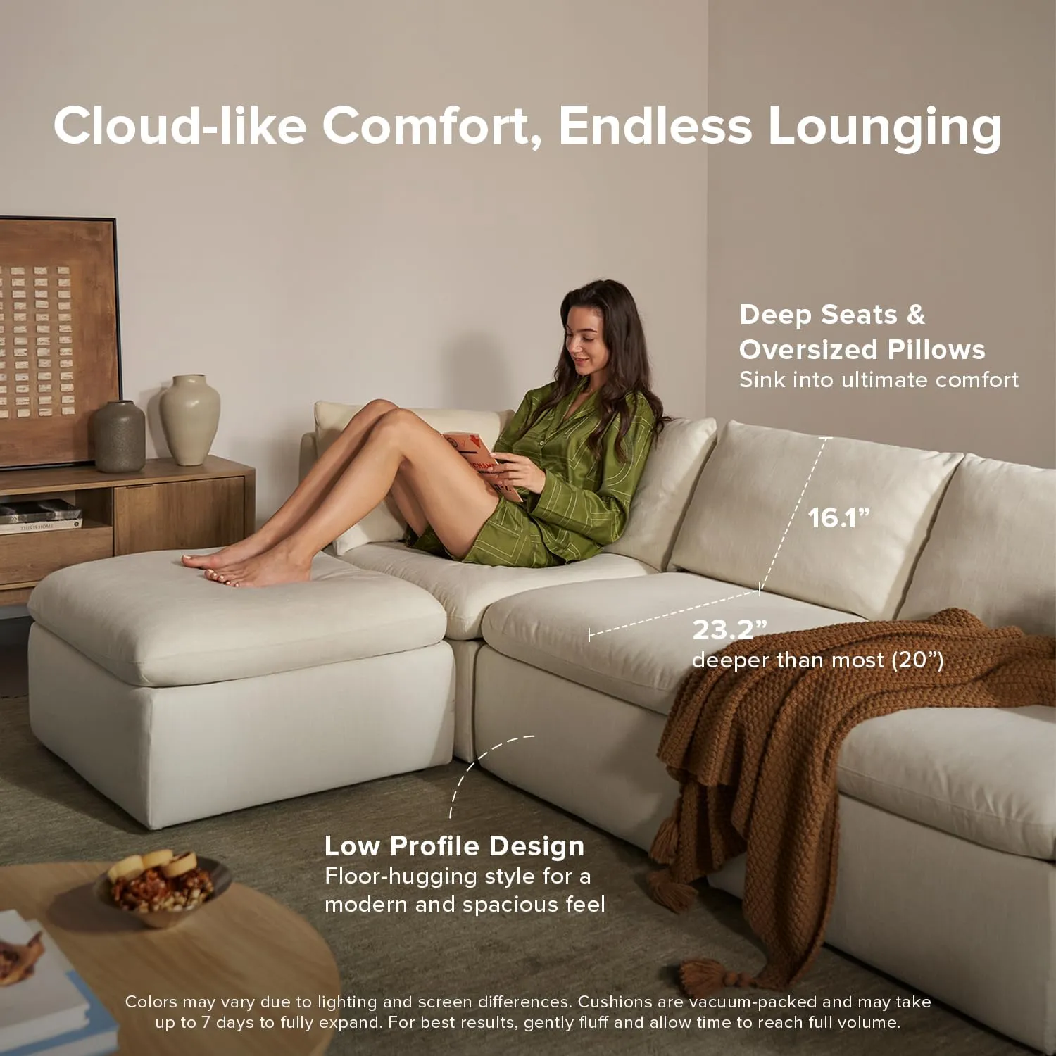 mopio Oversized Modular Sectional Sofa with Fully Removable Covers and Storage, Convertible U & L Shaped Sectionals, Modern Cloud Couch with Ottoman Chaise (Olive Green Velvet, 4 Seats, L)