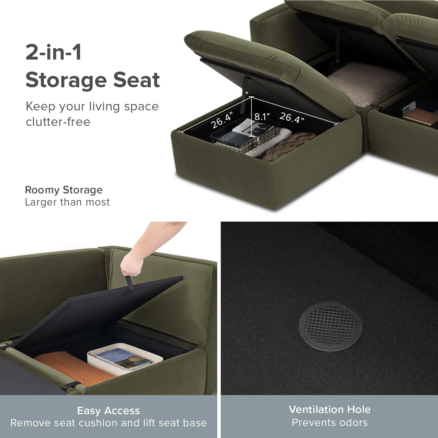 mopio Oversized Modular Sectional Sofa with Fully Removable Covers and Storage, Convertible U & L Shaped Sectionals, Modern Cloud Couch with Ottoman Chaise (Olive Green Velvet, 4 Seats, L)