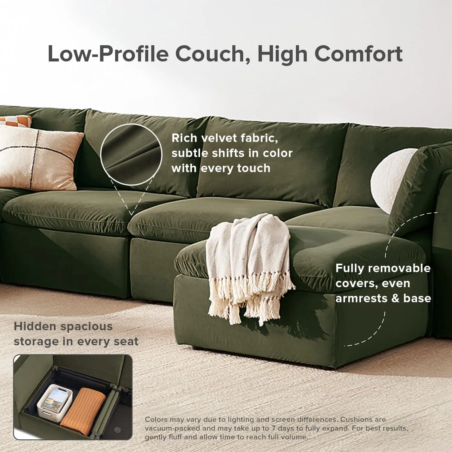 mopio Oversized Modular Sectional Sofa with Fully Removable Covers and Storage, Convertible U & L Shaped Sectionals, Modern Cloud Couch with Ottoman Chaise (Olive Green Velvet, 4 Seats, L)
