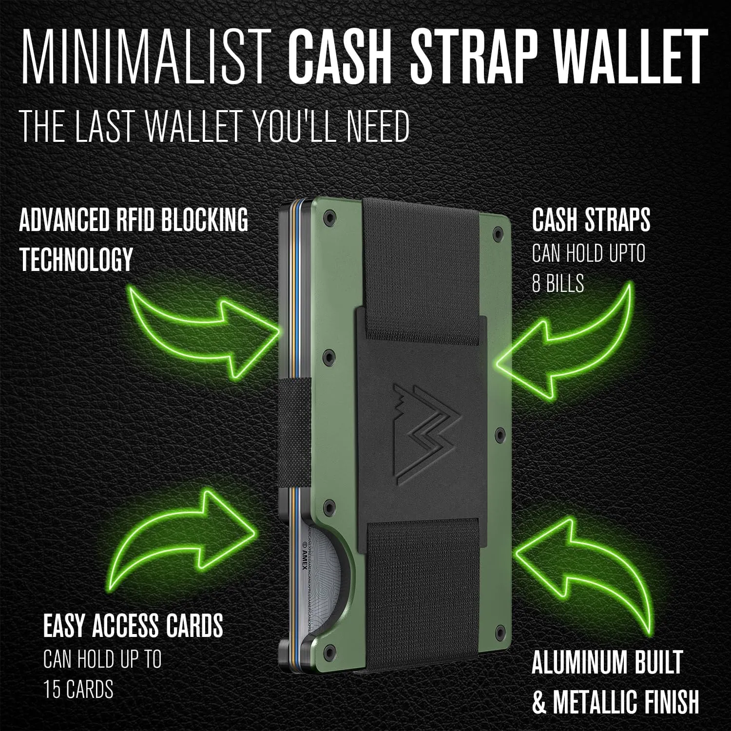 Mountain Voyage Co Minimalist Cash Strap - Slim RFID Blocking Wallet for Men & Women - Scratch Resistant, Credit Card Holder, Easily Removable Money & Cards, Aluminium Wallet (Army Green)