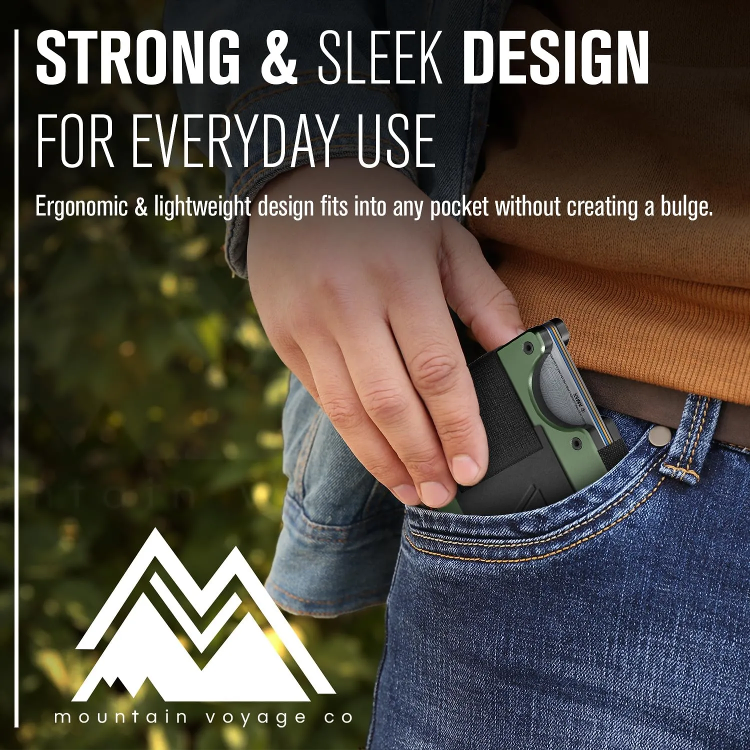 Mountain Voyage Co Minimalist Cash Strap - Slim RFID Blocking Wallet for Men & Women - Scratch Resistant, Credit Card Holder, Easily Removable Money & Cards, Aluminium Wallet (Army Green)