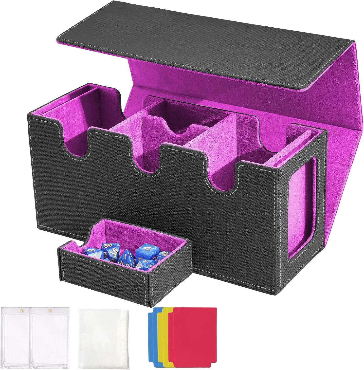MTG Deck Box with 2 Commander Display, 4-in-1 Card Deck Case, Strong Magnet Card Organizer for Magic Commander TCG CCG, 6 Dividers & 50  Film & Dice Tray (Bright Purple)