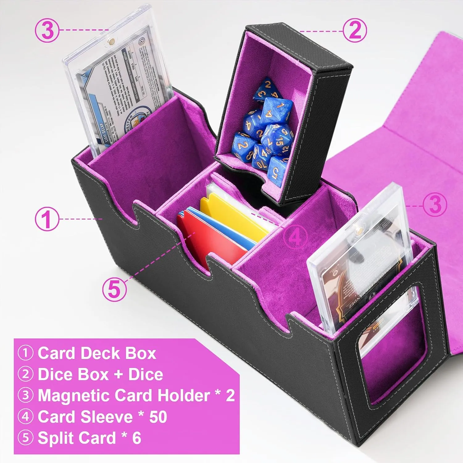 MTG Deck Box with 2 Commander Display, 4-in-1 Card Deck Case, Strong Magnet Card Organizer for Magic Commander TCG CCG, 6 Dividers & 50  Film & Dice Tray (Bright Purple)