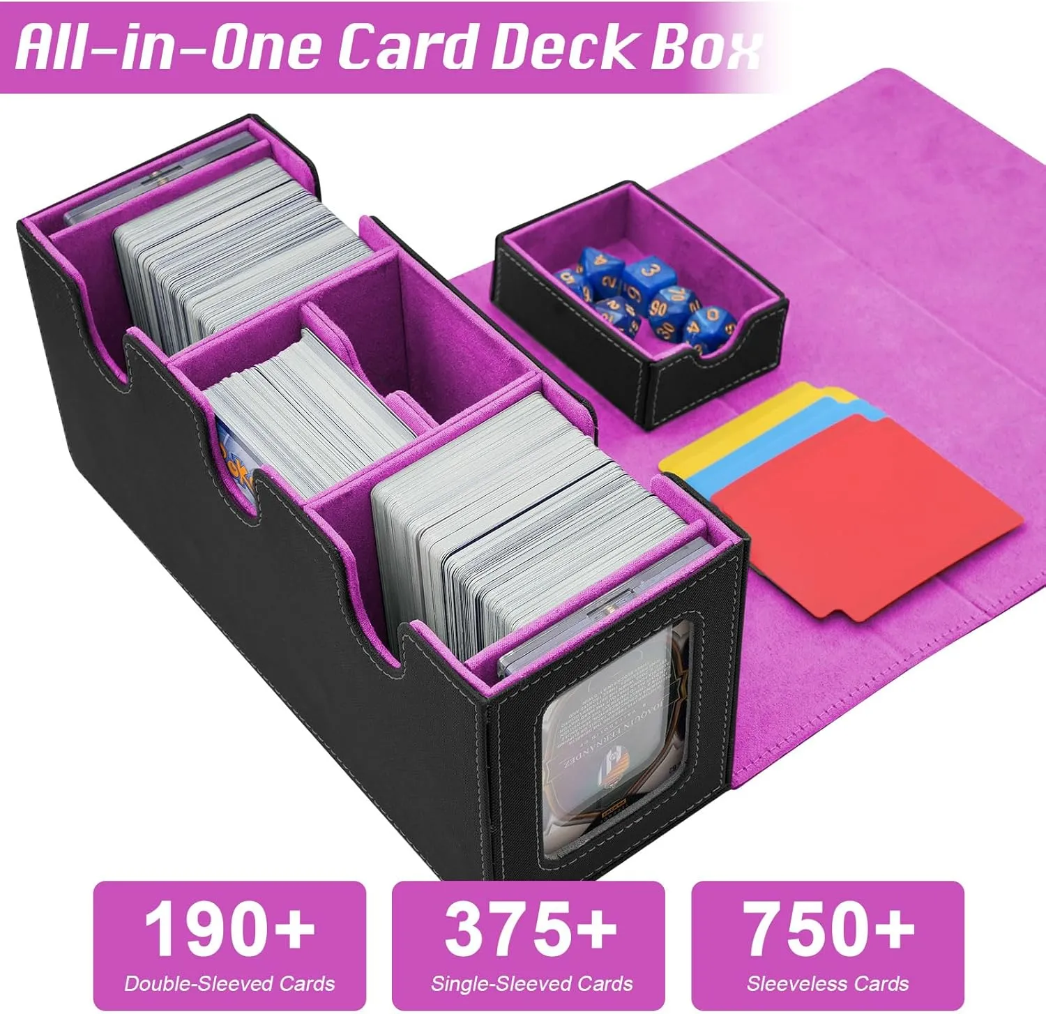 MTG Deck Box with 2 Commander Display, 4-in-1 Card Deck Case, Strong Magnet Card Organizer for Magic Commander TCG CCG, 6 Dividers & 50  Film & Dice Tray (Bright Purple)