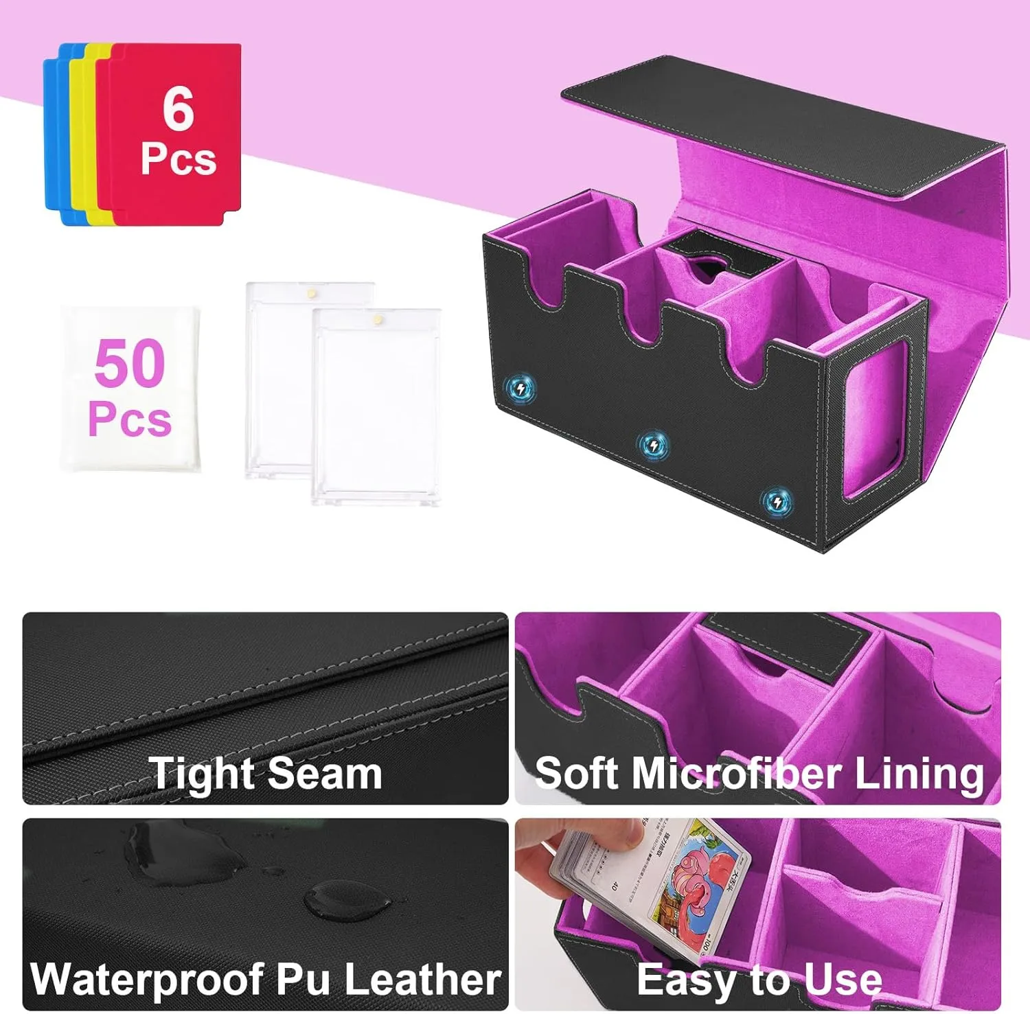 MTG Deck Box with 2 Commander Display, 4-in-1 Card Deck Case, Strong Magnet Card Organizer for Magic Commander TCG CCG, 6 Dividers & 50  Film & Dice Tray (Bright Purple)