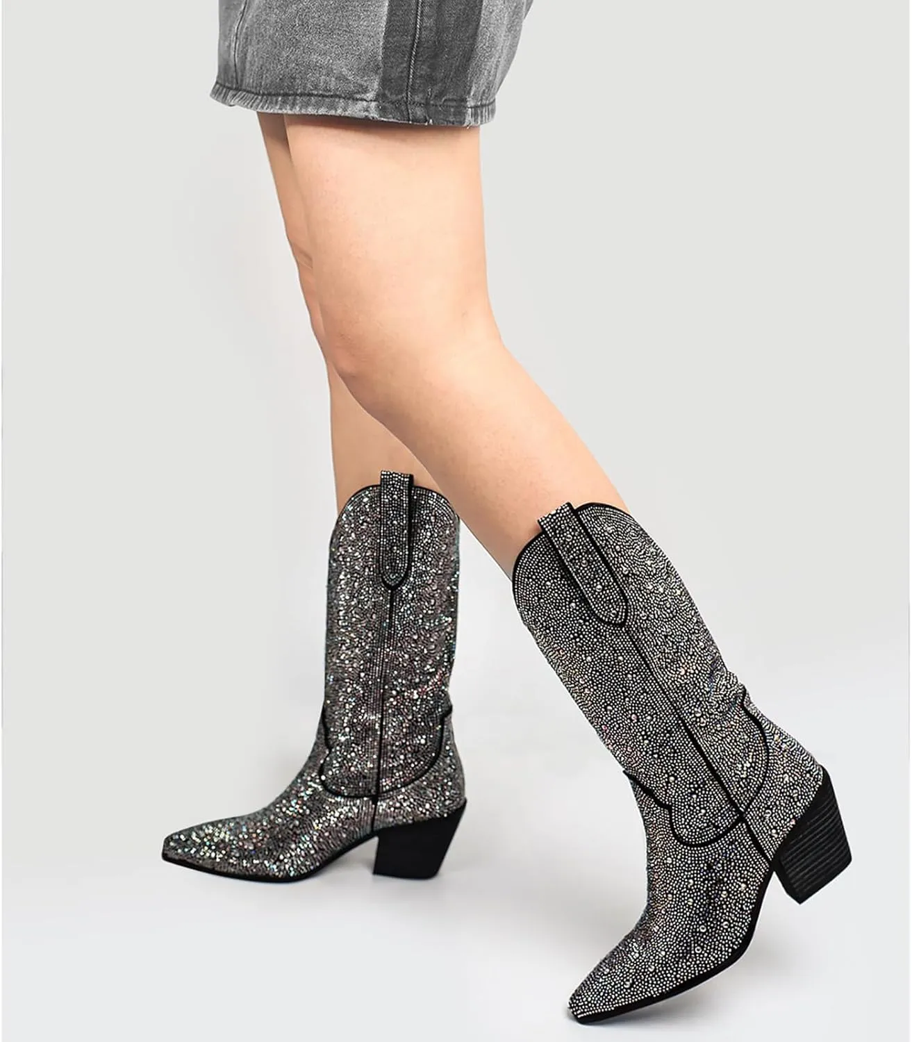 MUCCCUTE Women's Rhinestone Cowboy Boots Pointed Toe Block 5cm Heel Knee High Boots Wide Calf Wedding Party Boots for Women