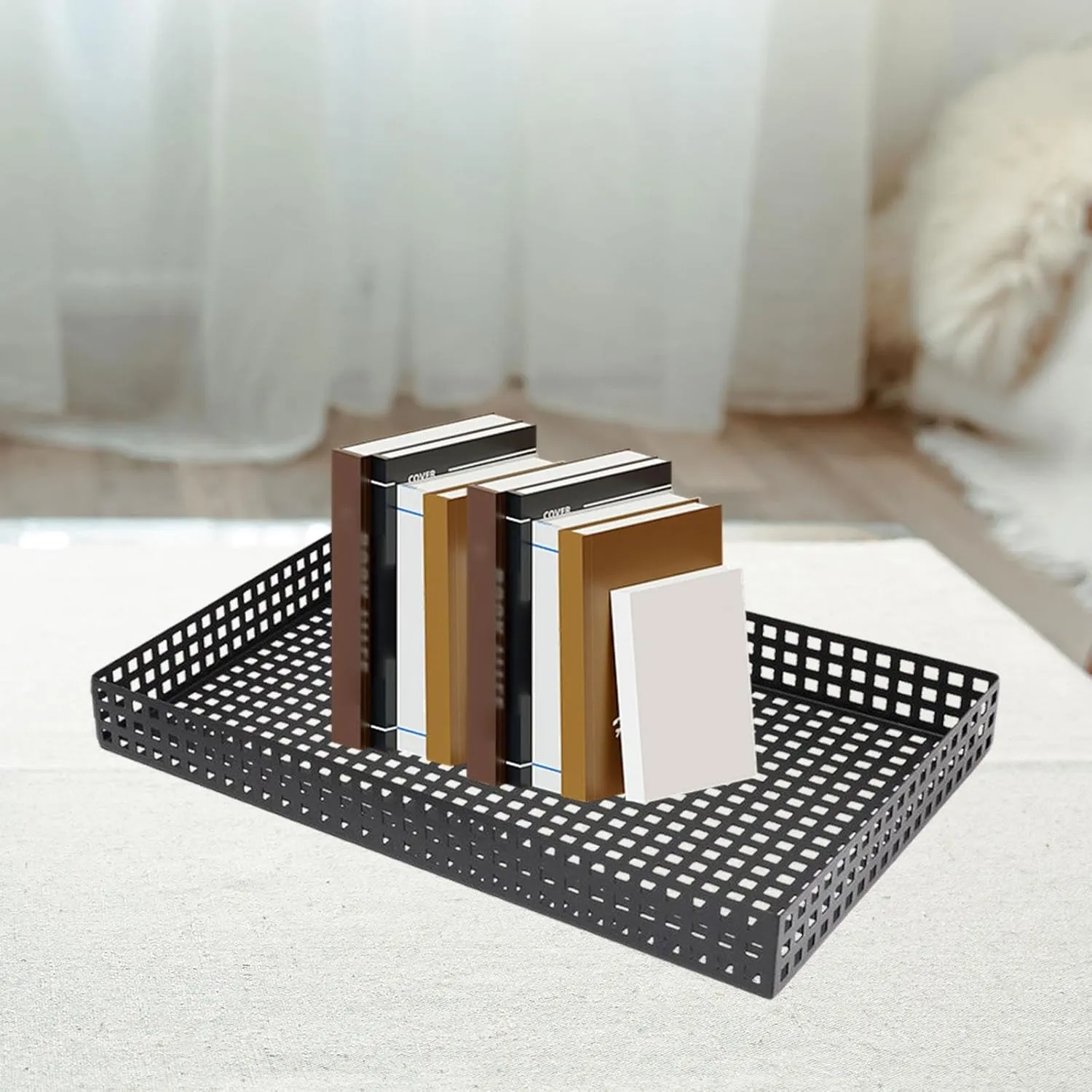 Multifunctional Tray Tabletop Tray Portable Black Minimalist Catchall Tray Jewelry Organizer Basket for Jewelry Bedroom Watch, Large