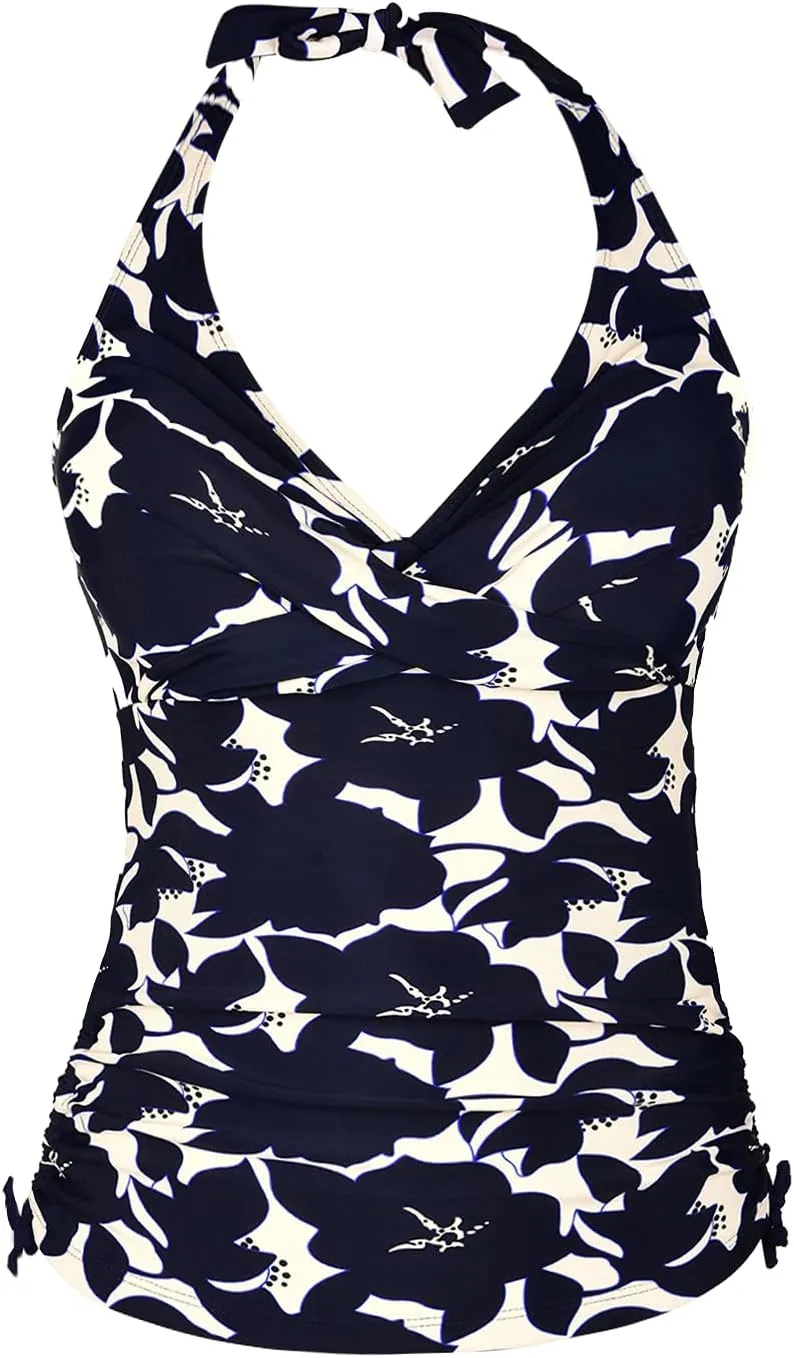 Mycoco Women's Halter Swim Top V Neck Swimwear Front Shirred Tankini Top