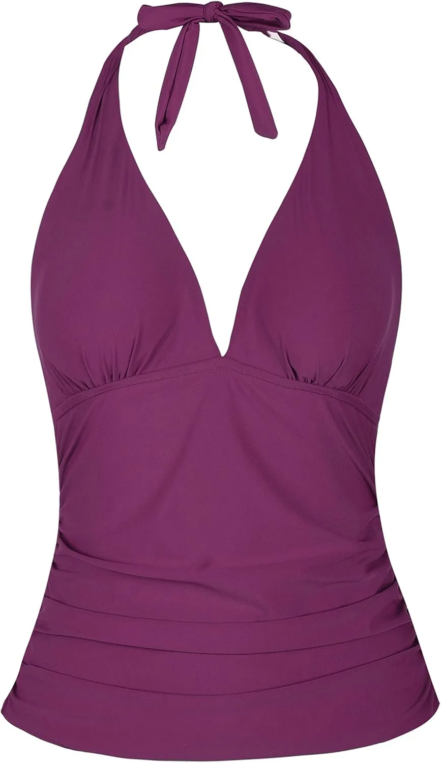 Mycoco Women's Halter Swim Top V Neck Swimwear Front Shirred Tankini Top