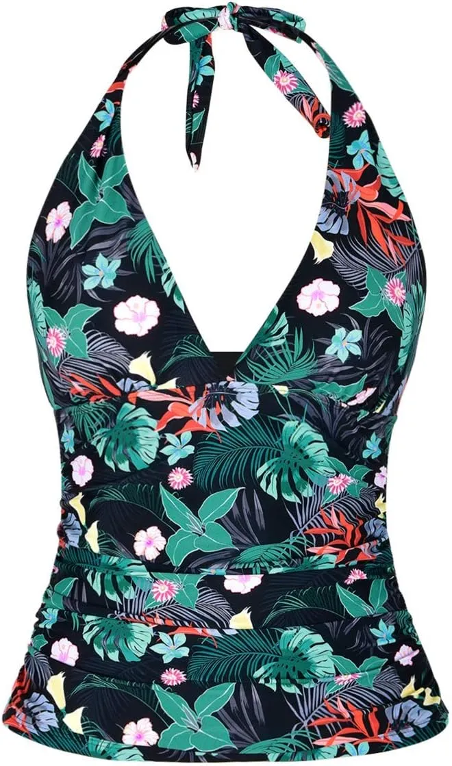 Mycoco Women's Halter Swim Top V Neck Swimwear Front Shirred Tankini Top