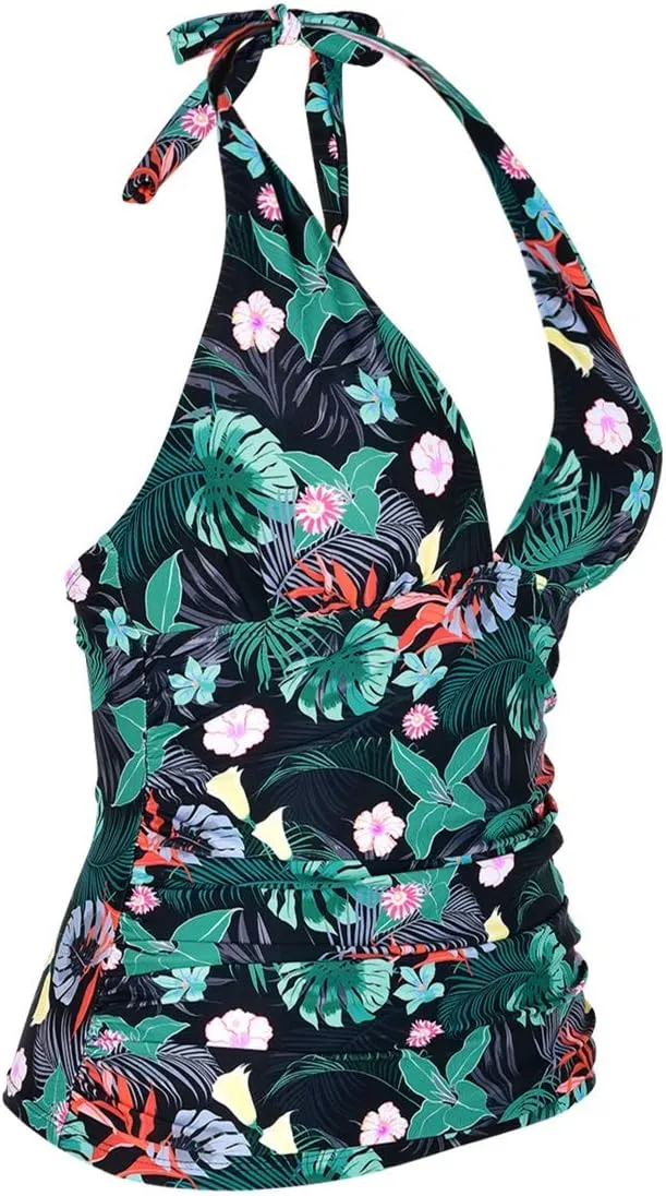 Mycoco Women's Halter Swim Top V Neck Swimwear Front Shirred Tankini Top