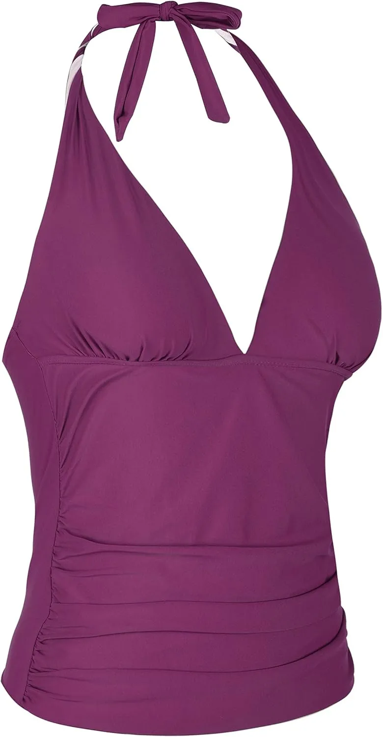 Mycoco Women's Halter Swim Top V Neck Swimwear Front Shirred Tankini Top