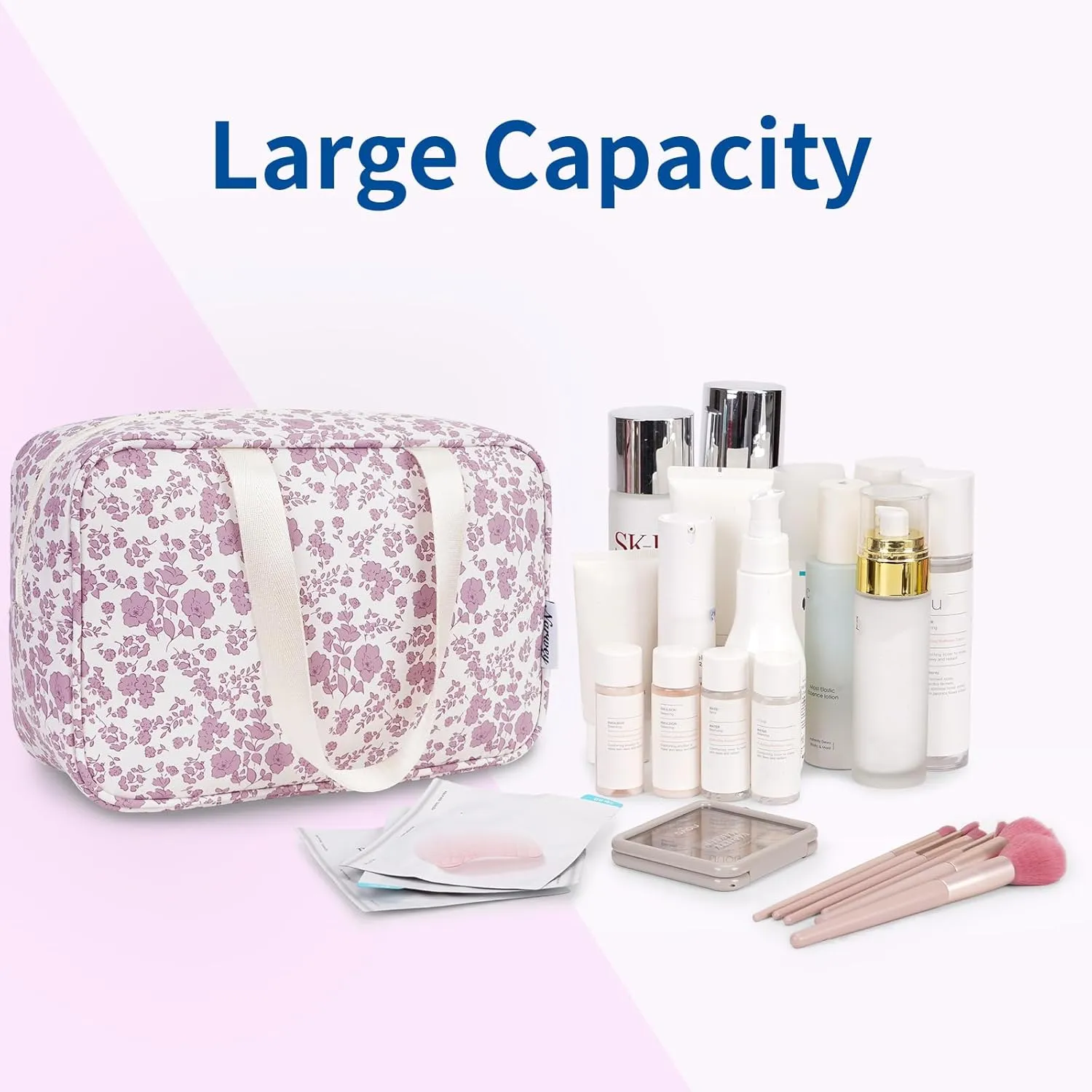 Narwey Large Floral Travel Toiletry Bag Women Toiletries Bag Skincare Bag Makeup Bag Organizer Make up bag Cosmetic Bag Medicine Bag for Girls (Little Dusty Pink Flower, Large)