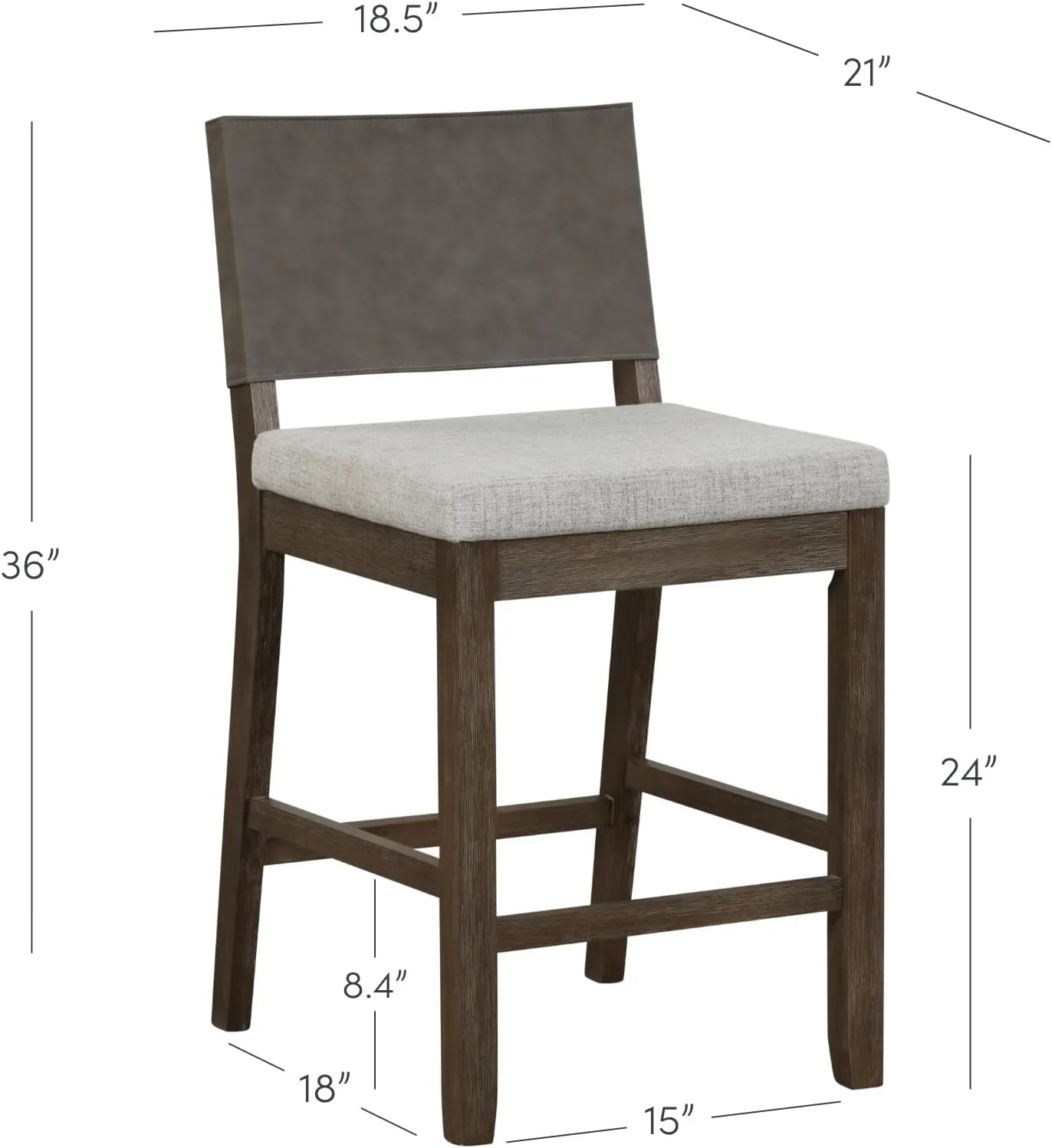 Nathan James Linus Modern Upholstered Counter Height Bar Stool with Faux Leather Back and Solid Rubberwood Legs in a Wire-Brushed Dark Brown Finish, Birch Ivory/Pewter Grey