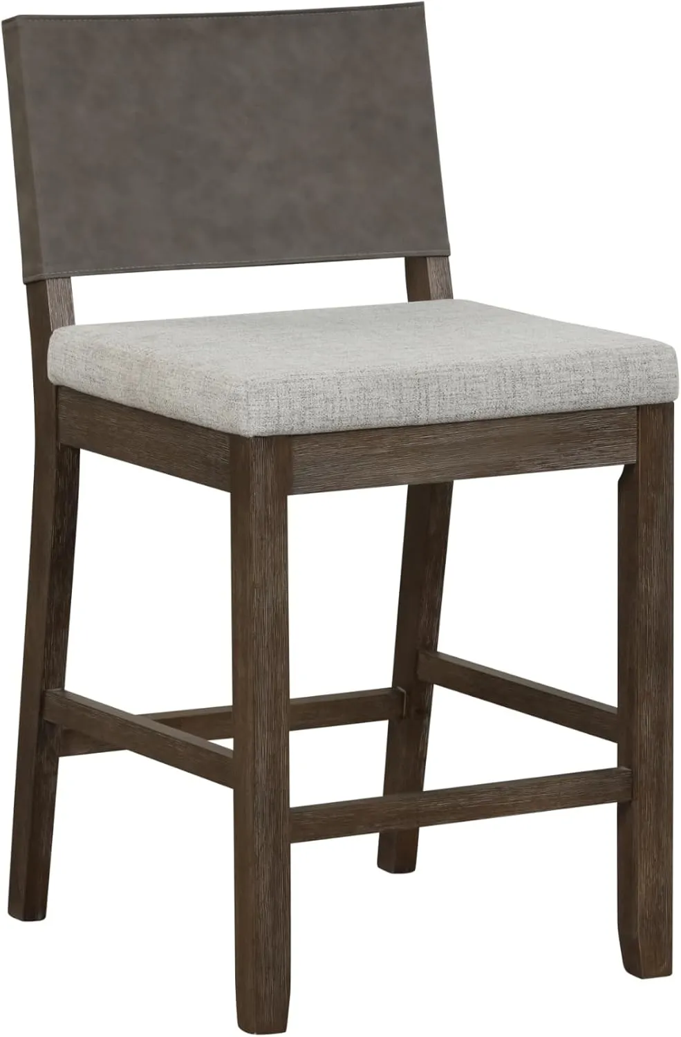 Nathan James Linus Modern Upholstered Counter Height Bar Stool with Faux Leather Back and Solid Rubberwood Legs in a Wire-Brushed Dark Brown Finish, Birch Ivory/Pewter Grey