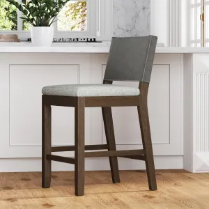 Nathan James Linus Modern Upholstered Counter Height Bar Stool with Faux Leather Back and Solid Rubberwood Legs in a Wire-Brushed Dark Brown Finish, Birch Ivory/Pewter Grey