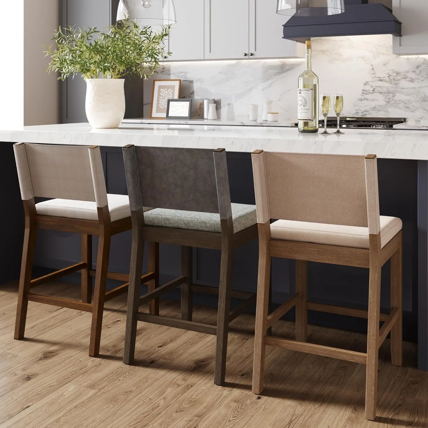 Nathan James Linus Modern Upholstered Counter Height Bar Stool with Faux Leather Back and Solid Rubberwood Legs in a Wire-Brushed Dark Brown Finish, Birch Ivory/Pewter Grey