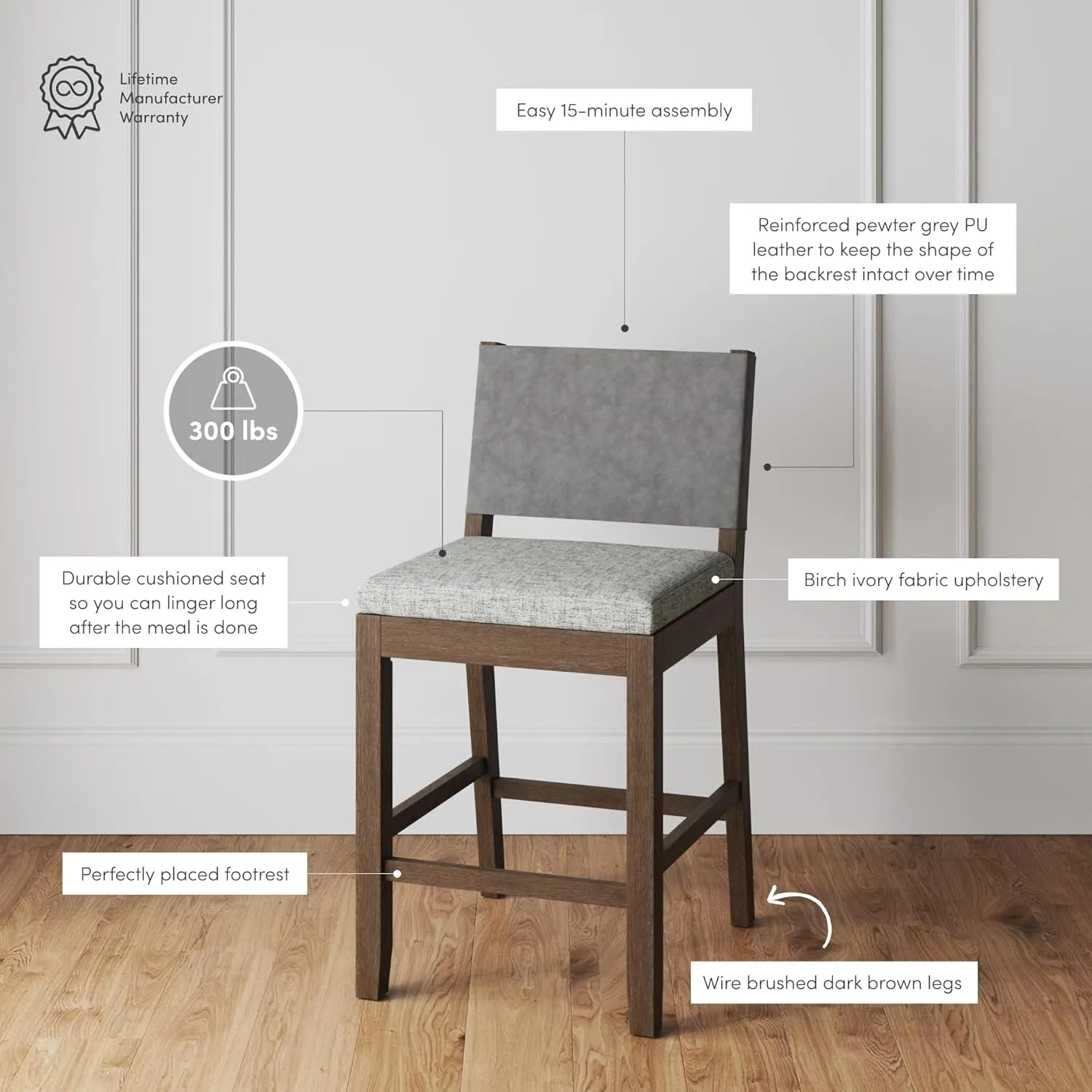 Nathan James Linus Modern Upholstered Counter Height Bar Stool with Faux Leather Back and Solid Rubberwood Legs in a Wire-Brushed Dark Brown Finish, Birch Ivory/Pewter Grey