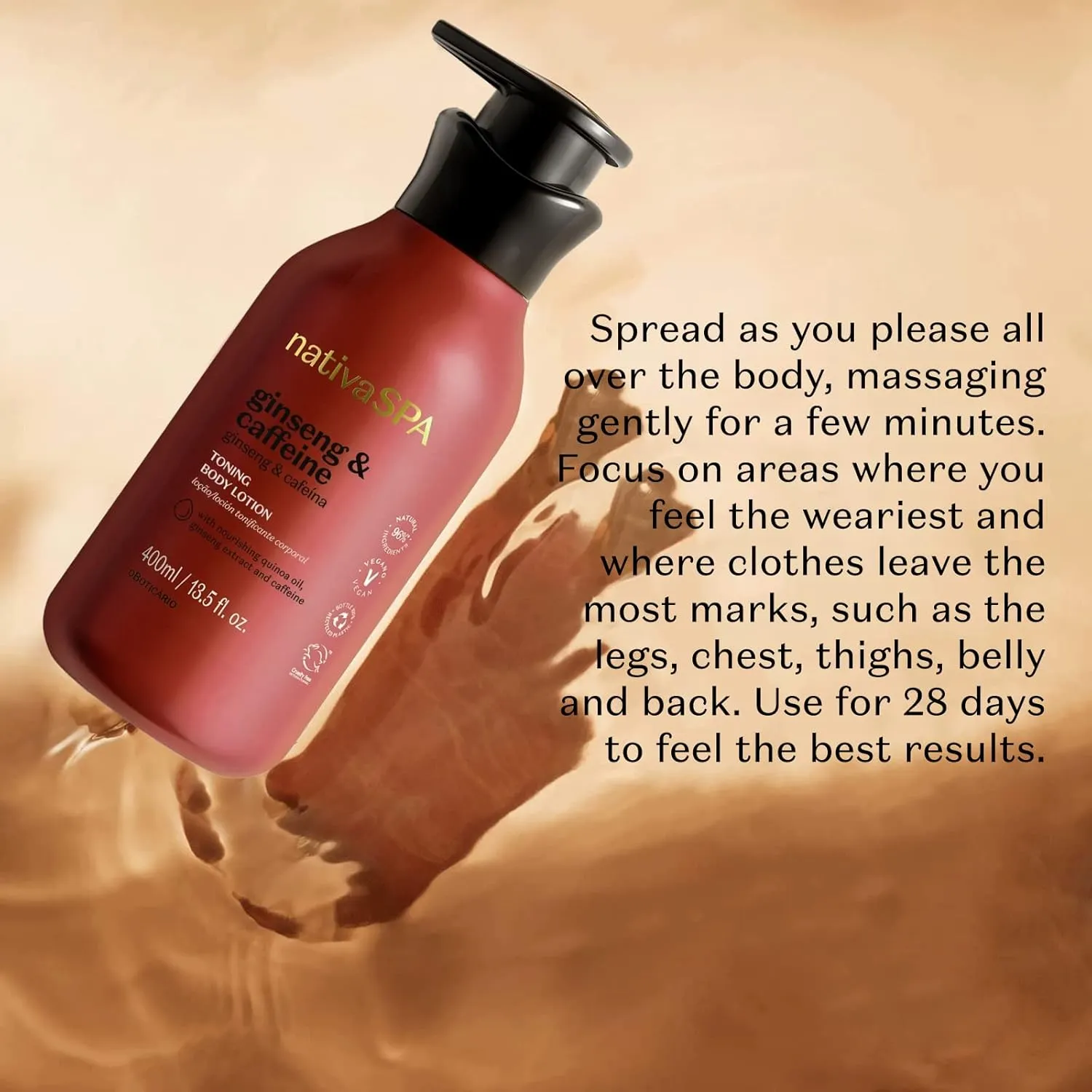 Nativa SPA by O Boticário Ginseng & Caffeine Toning Body Lotion, Fragranced Moisturizer Enriched with Purified Quinoa Drops to Boost Hydration, 13.5 Ounce (400ml)