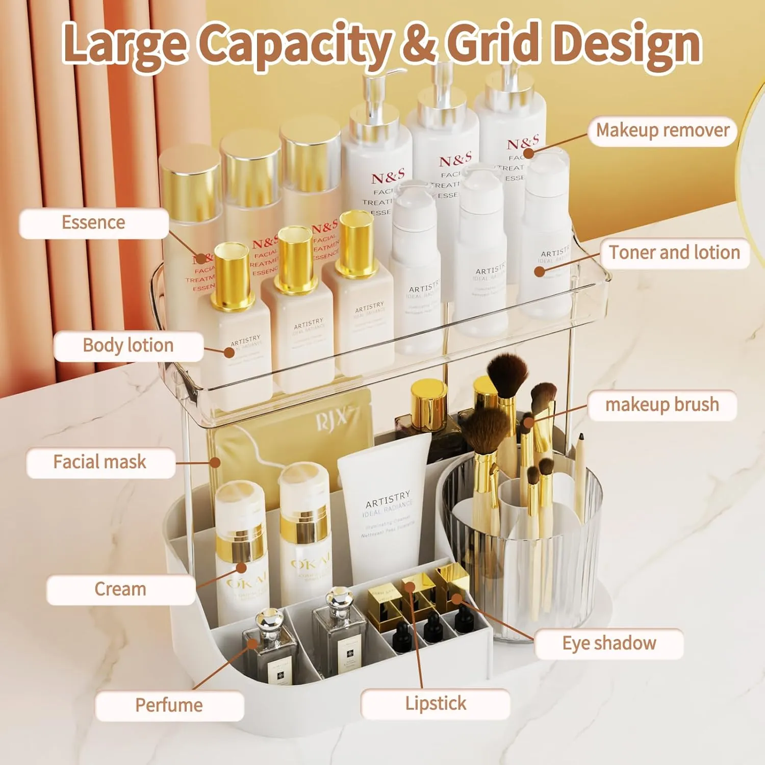 NATURE'S SOURCE Rotating Makeup Organizer Countertop for Vanity with Makeup Brush Holder, Large Capacity, Grid Design, 360° Rotatable Skincare Organizer Perfume Tray for Dresser, Bathroom (White, 2T)