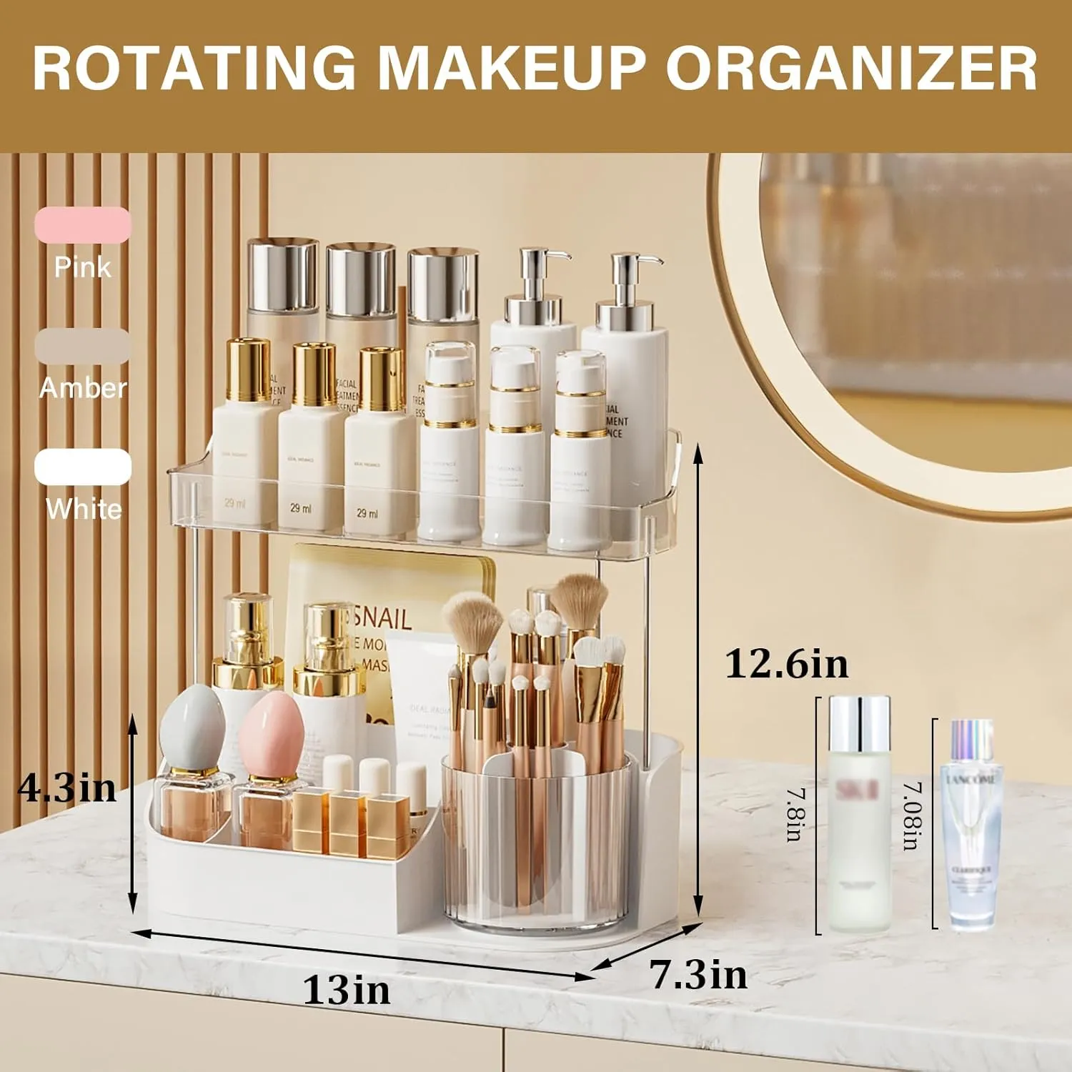 NATURE'S SOURCE Rotating Makeup Organizer Countertop for Vanity with Makeup Brush Holder, Large Capacity, Grid Design, 360° Rotatable Skincare Organizer Perfume Tray for Dresser, Bathroom (White, 2T)