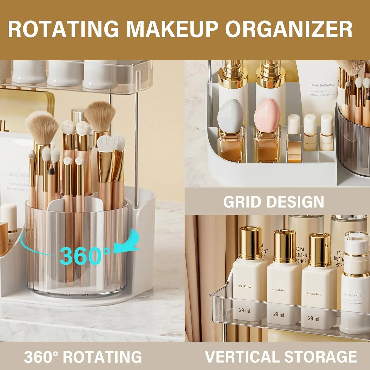 NATURE'S SOURCE Rotating Makeup Organizer Countertop for Vanity with Makeup Brush Holder, Large Capacity, Grid Design, 360° Rotatable Skincare Organizer Perfume Tray for Dresser, Bathroom (White, 2T)