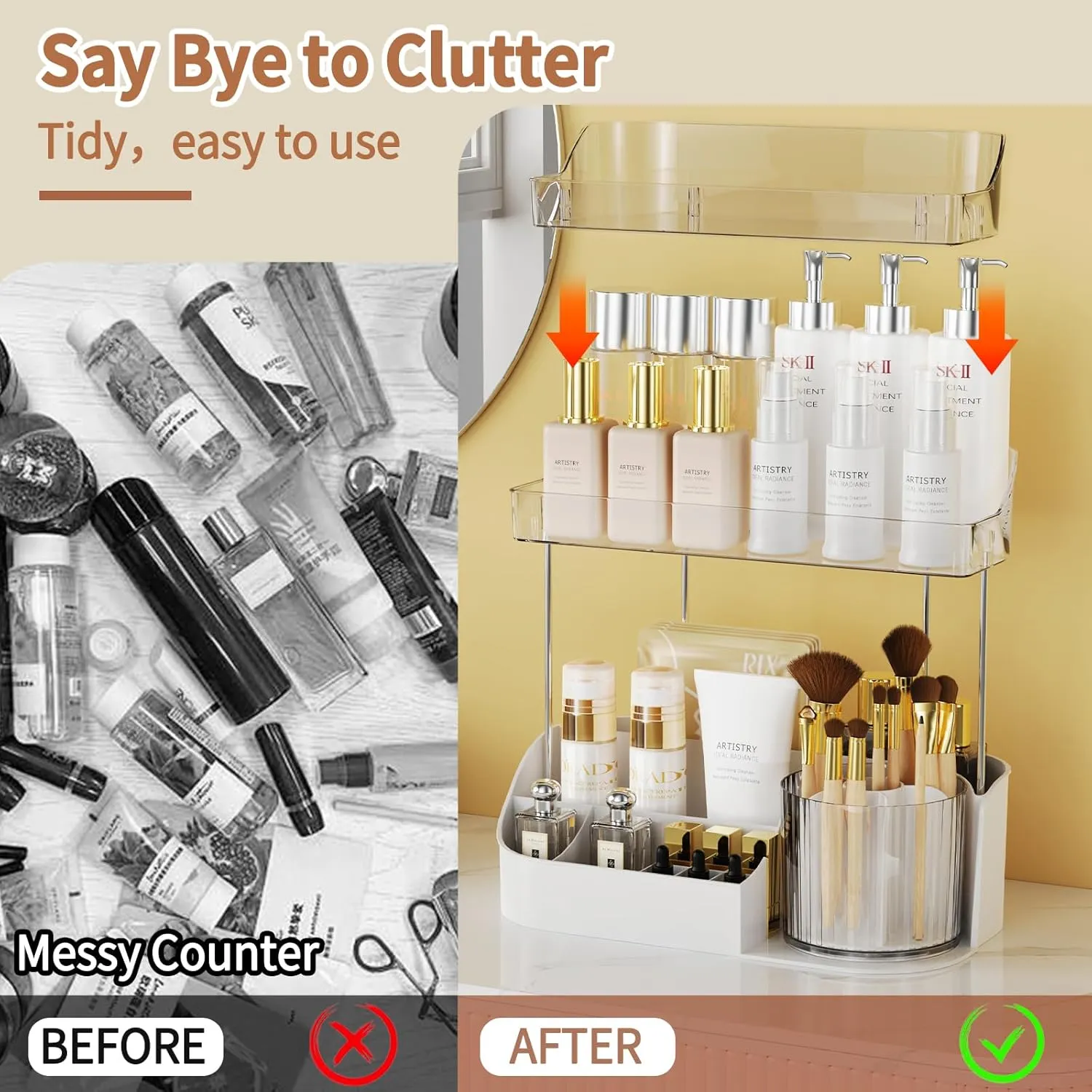 NATURE'S SOURCE Rotating Makeup Organizer Countertop for Vanity with Makeup Brush Holder, Large Capacity, Grid Design, 360° Rotatable Skincare Organizer Perfume Tray for Dresser, Bathroom (White, 2T)