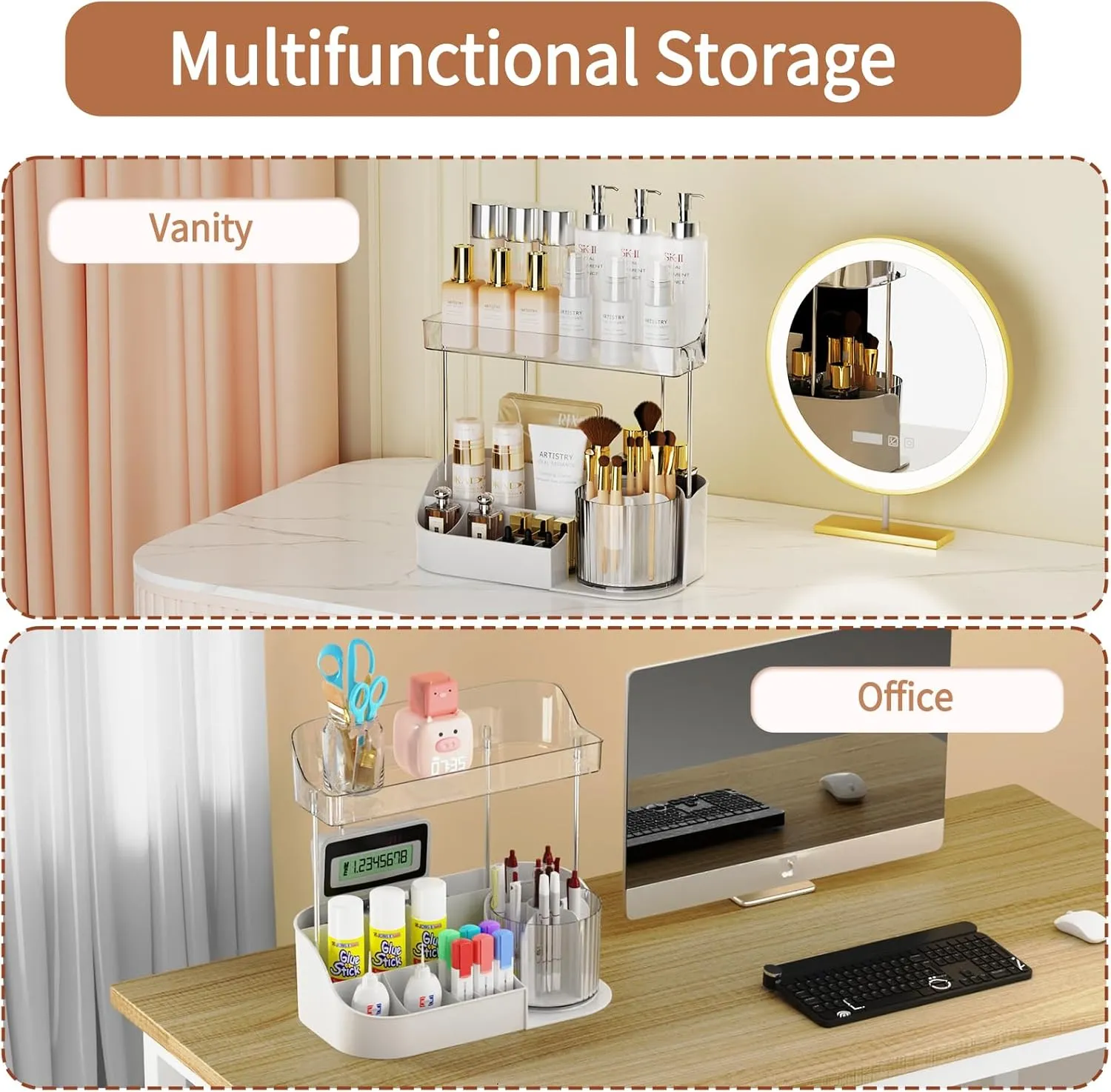 NATURE'S SOURCE Rotating Makeup Organizer Countertop for Vanity with Makeup Brush Holder, Large Capacity, Grid Design, 360° Rotatable Skincare Organizer Perfume Tray for Dresser, Bathroom (White, 2T)