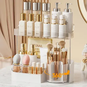 NATURE'S SOURCE Rotating Makeup Organizer Countertop for Vanity with Makeup Brush Holder, Large Capacity, Grid Design, 360° Rotatable Skincare Organizer Perfume Tray for Dresser, Bathroom (White, 2T)