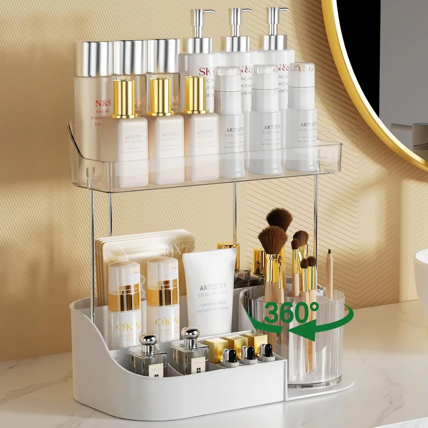 NATURE'S SOURCE Rotating Makeup Organizer Countertop for Vanity with Makeup Brush Holder, Large Capacity, Grid Design, 360° Rotatable Skincare Organizer Perfume Tray for Dresser, Bathroom (White, 2T)