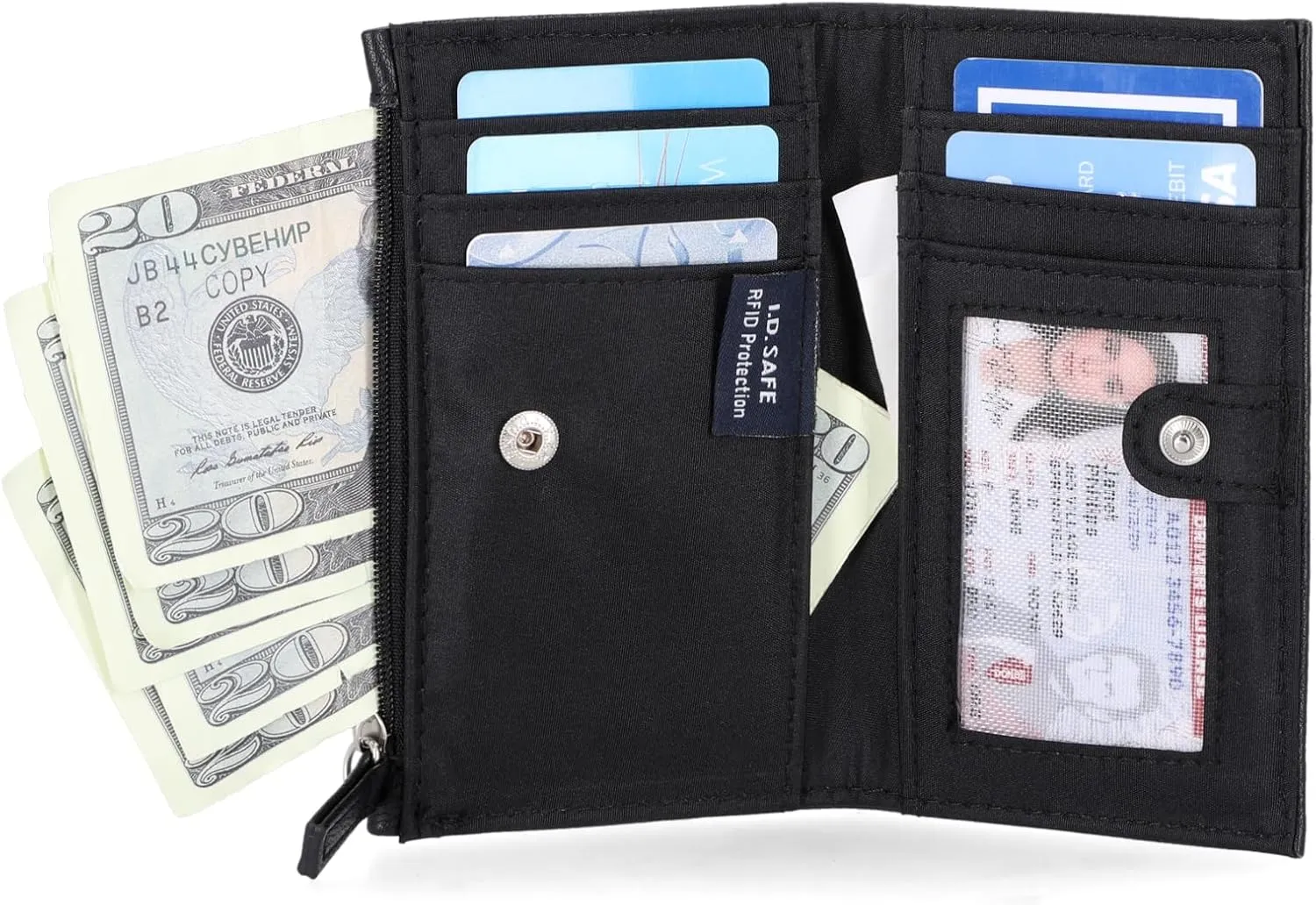 Nautica High Tide Small Wallet for Women, RFID Blocking Slim Credit Card Holder with Zipper Coin Pocket, Bifold Compact Wallet with ID Window, Black Printed
