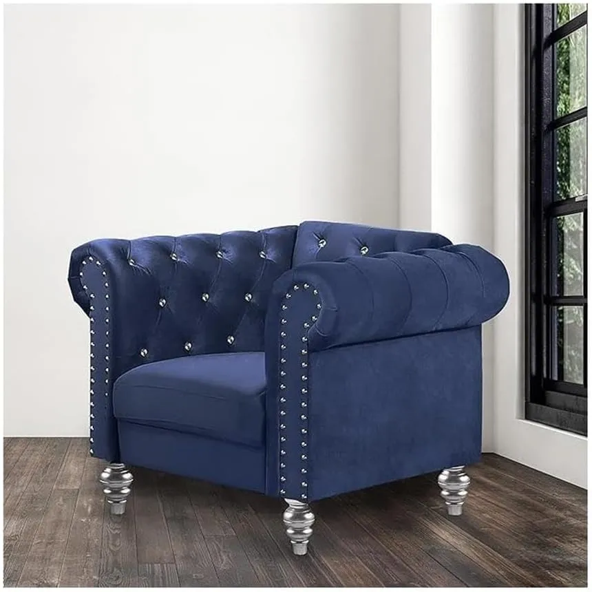 New Classic Furniture Emma Velvet Chesterfield Style Chair with Crystal Button Tufts, Royal Blue
