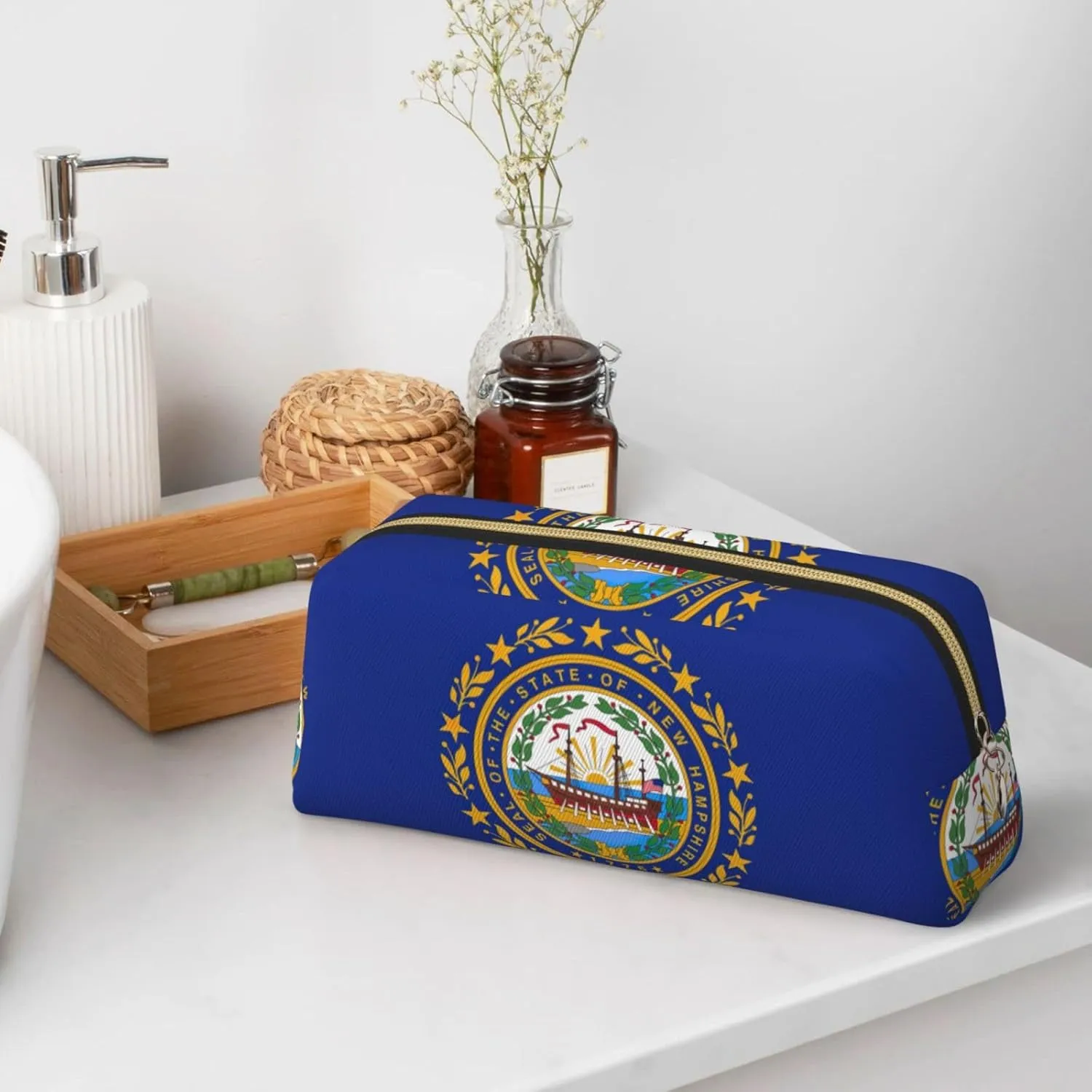 New Hampshire State Flag Print Large Capacity Pencil Case,Pencil Pouch With Zipper, Durable Leather Pen Bag For Office, Travel