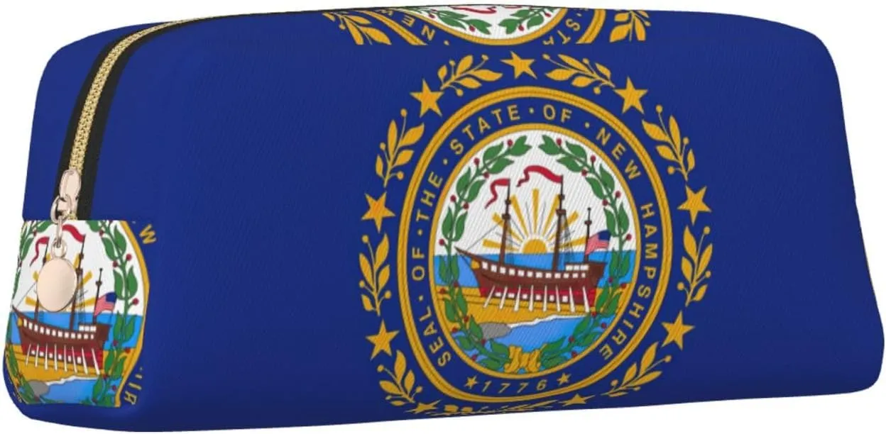 New Hampshire State Flag Print Large Capacity Pencil Case,Pencil Pouch With Zipper, Durable Leather Pen Bag For Office, Travel
