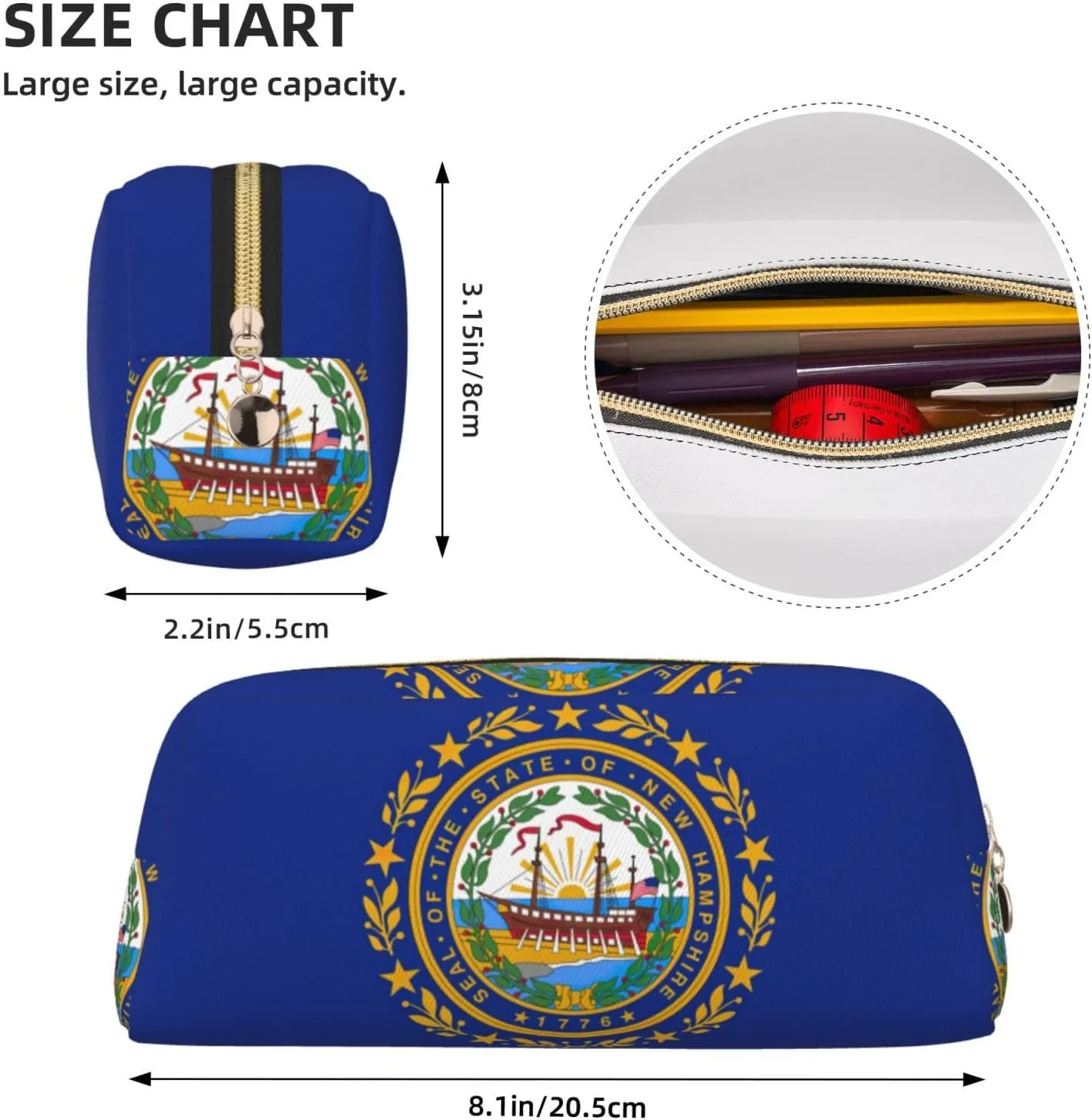 New Hampshire State Flag Print Large Capacity Pencil Case,Pencil Pouch With Zipper, Durable Leather Pen Bag For Office, Travel