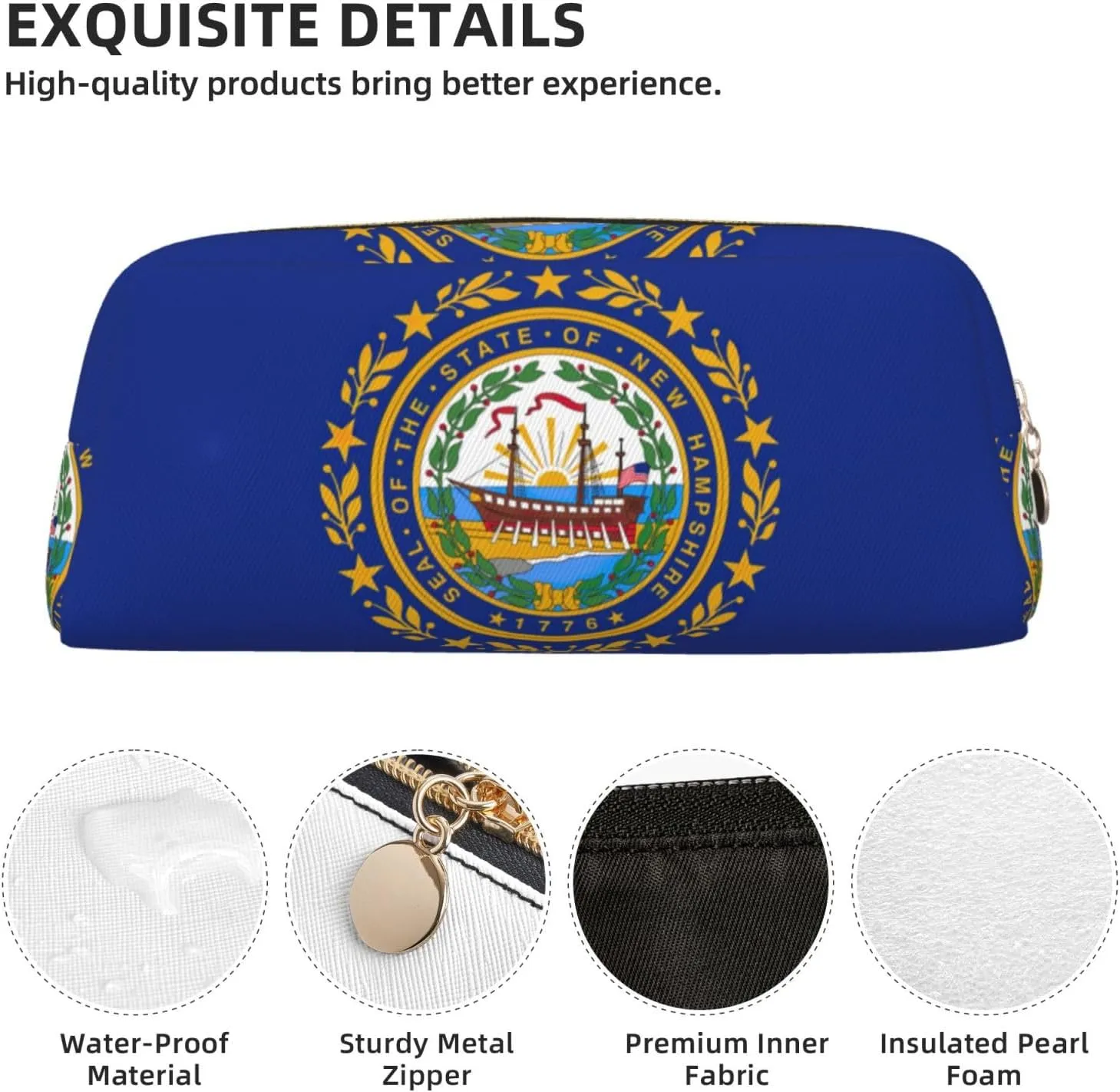 New Hampshire State Flag Print Large Capacity Pencil Case,Pencil Pouch With Zipper, Durable Leather Pen Bag For Office, Travel