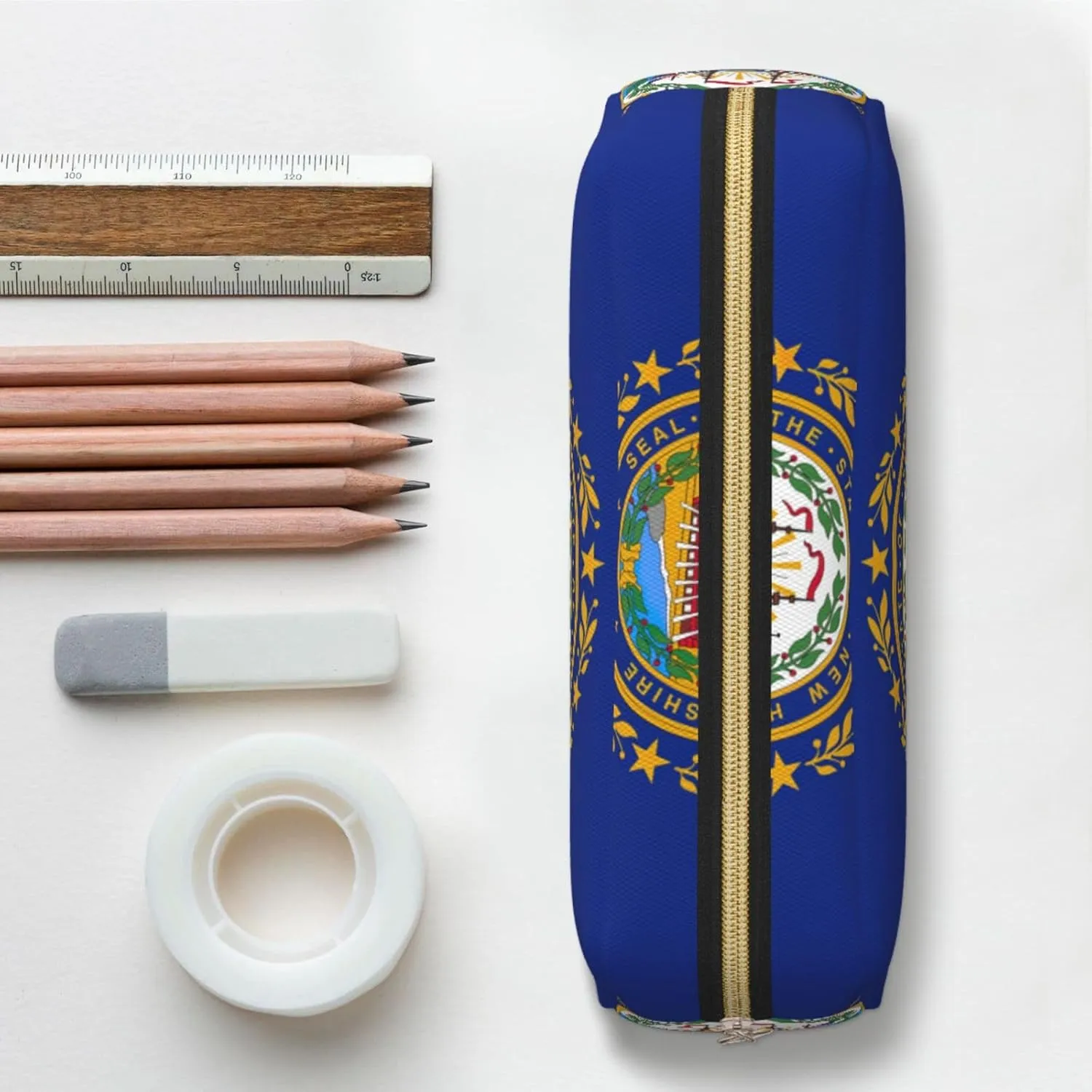 New Hampshire State Flag Print Large Capacity Pencil Case,Pencil Pouch With Zipper, Durable Leather Pen Bag For Office, Travel