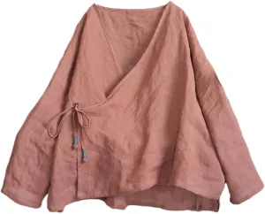 NFYM Women's Hanten Kimono Cardigan Long Sleeve Wrap Front Cotton Linen Retro Hanfu Costume Irregular Shirt Tops