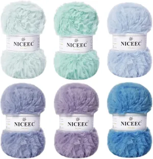 NICEEC Faux Fur Yarn Super Soft, Chunky & Fluffy, Eyelash Yarn for Crochet & Knitting(Total Length 210yds/10.6oz) - Blue Series/300g